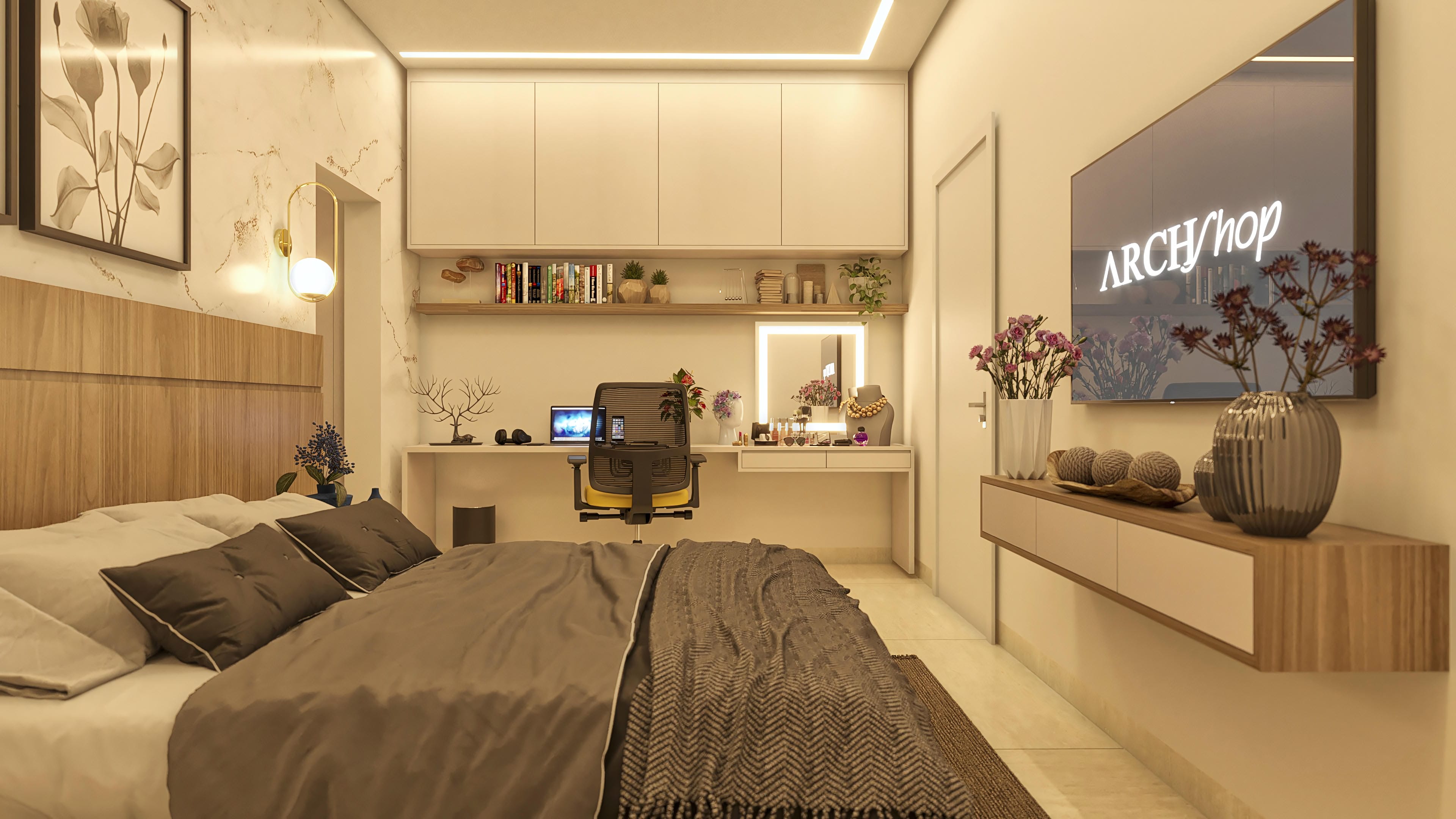 Interior de una casa de dos niveles con 4 suites, presentando una cama con cabecero de madera, mesa de trabajo con iluminación en LED y un panel de TV con armario suspendido.