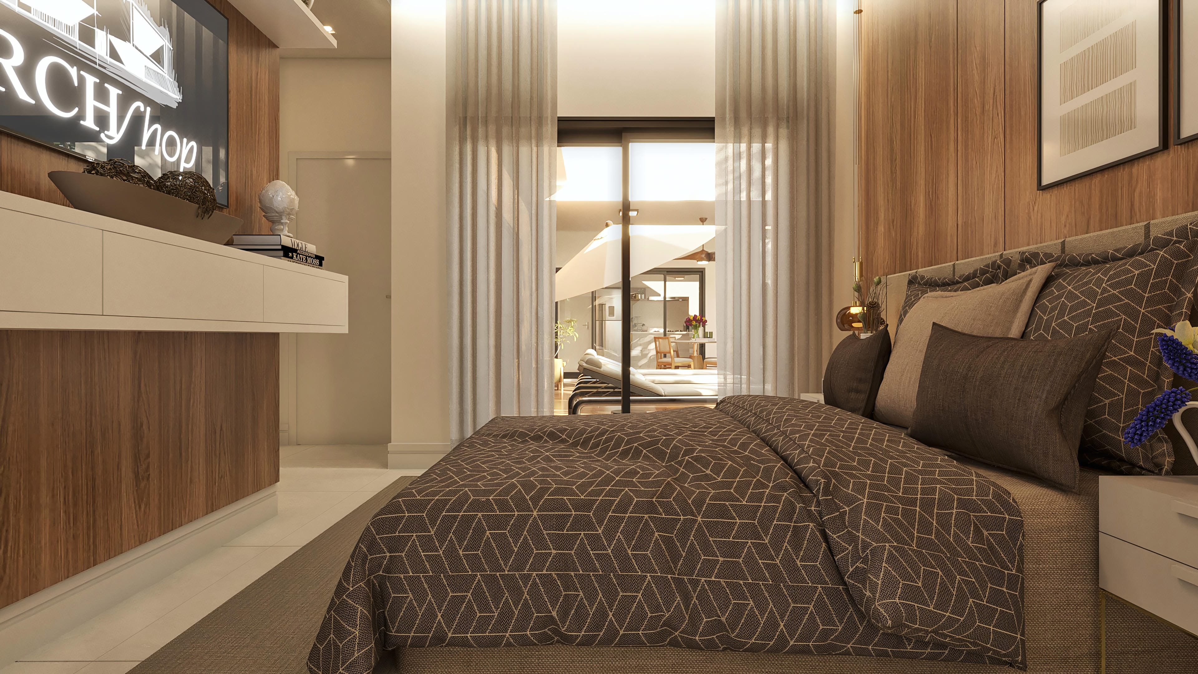Vista interna de una habitación moderna con vistas al área externa con piscina y espacio gourmet. Detalles en madera y colores neutros.