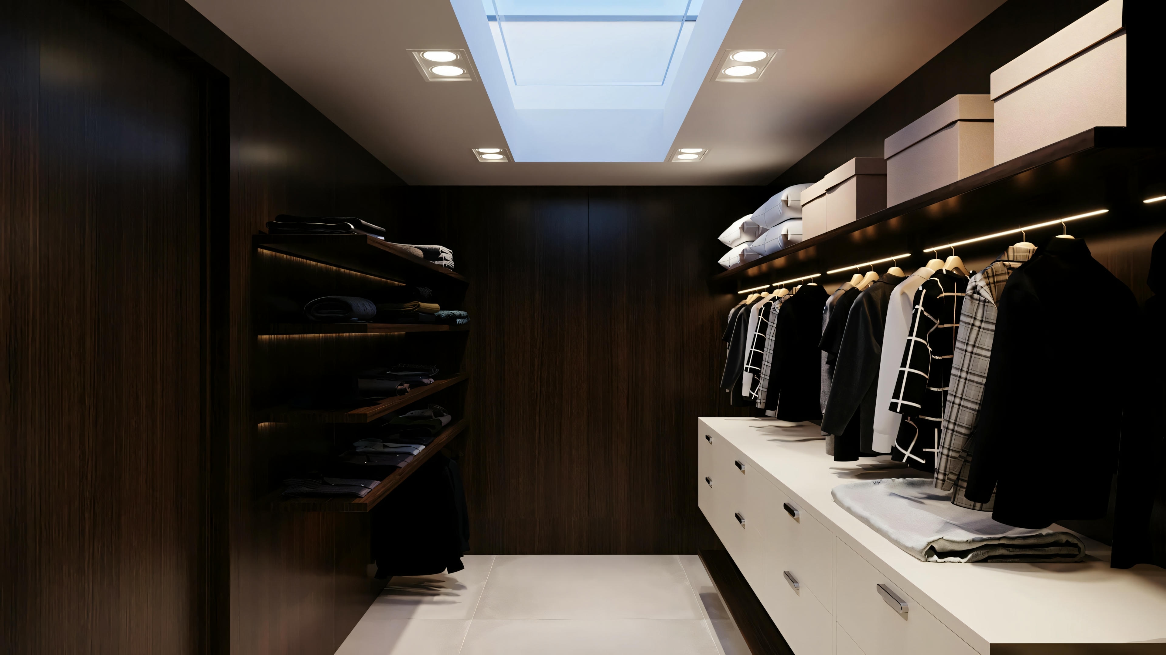 Otra vista del closet organizado, mostrando diferentes ángulos de los estantes llenos de varios artículos.