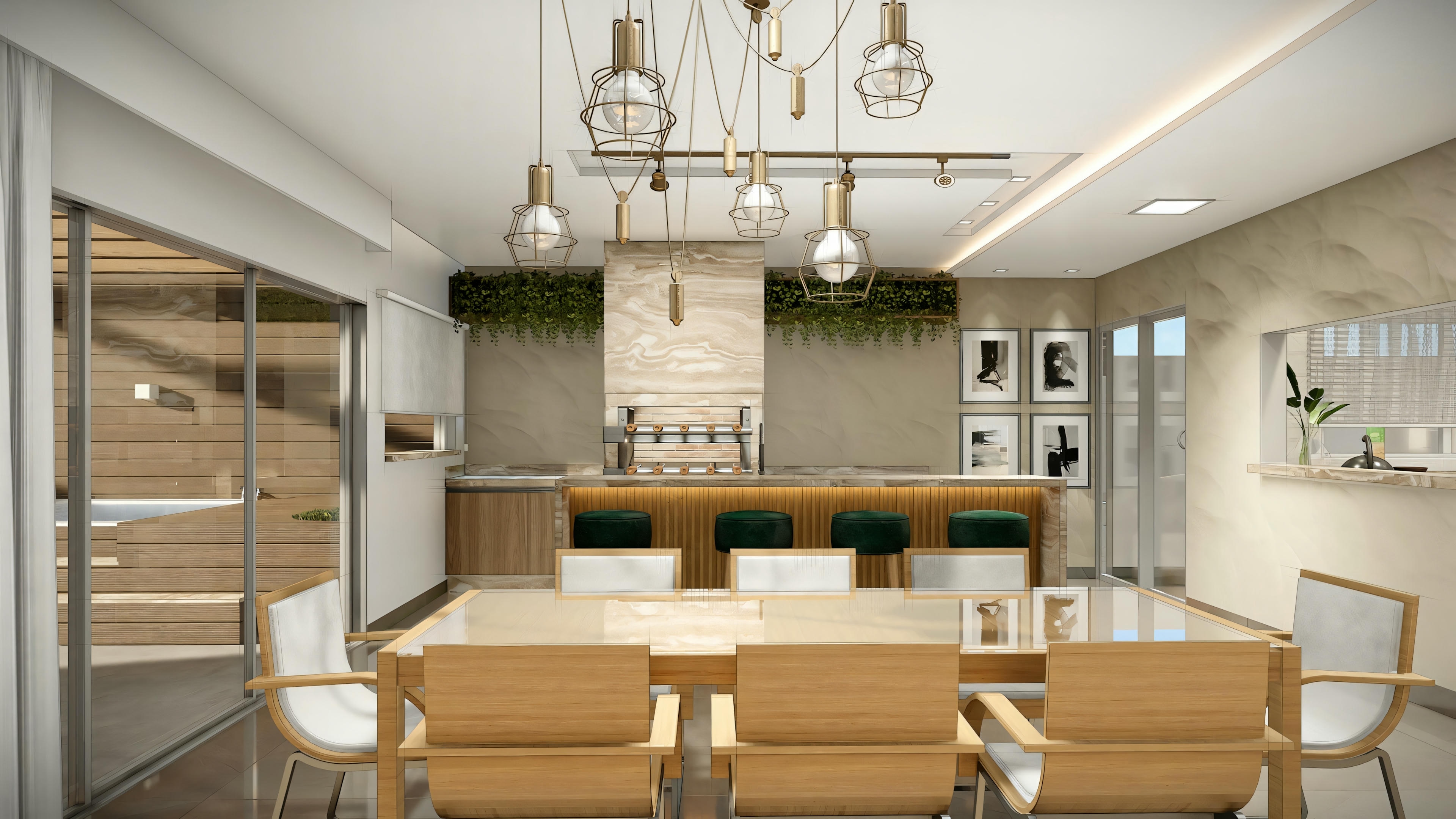 Una cocina moderna con una isla central y taburetes altos, vista desde un ángulo diferente.