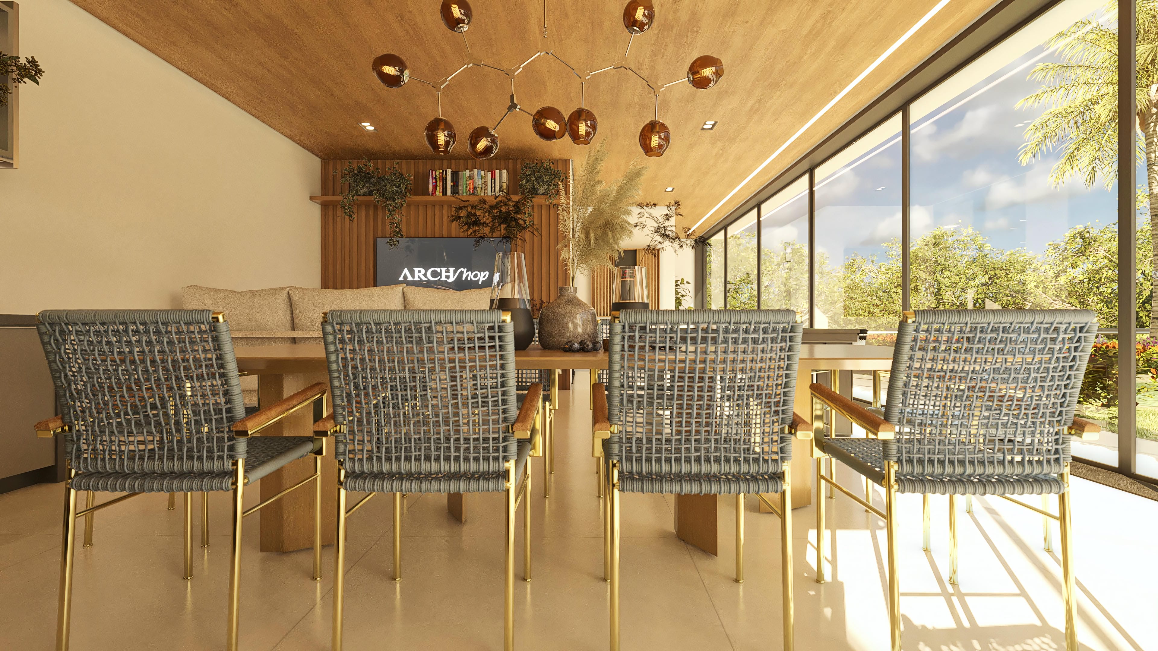 Interior de casa de dos plantas moderna con comedor y sala de estar integrados, vista panorámica, techo de madera e iluminación sofisticada.