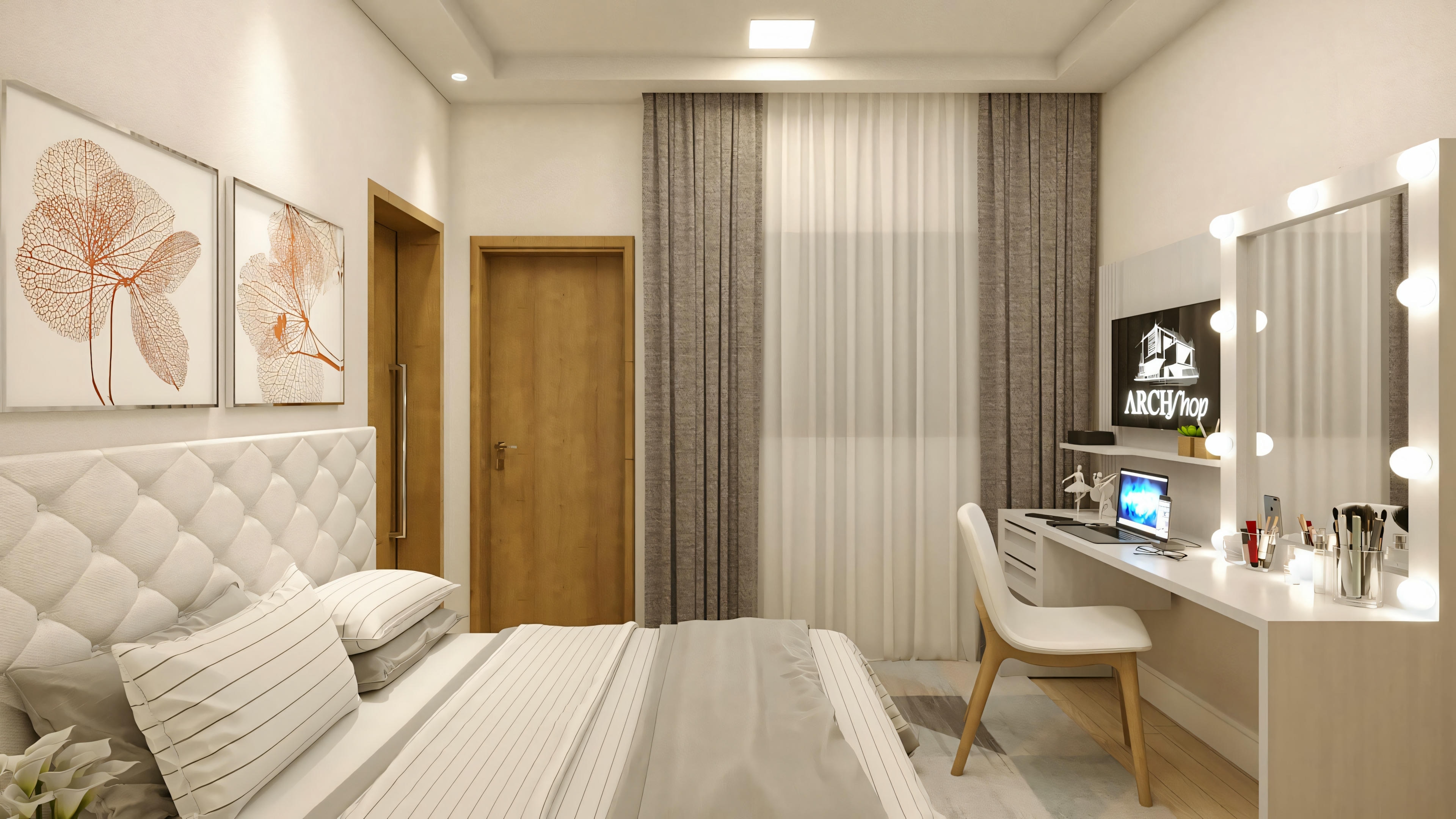 A bedroom with a bed, nightstands, and lamps. There is also a vanity or desk area with an illuminated mirror.