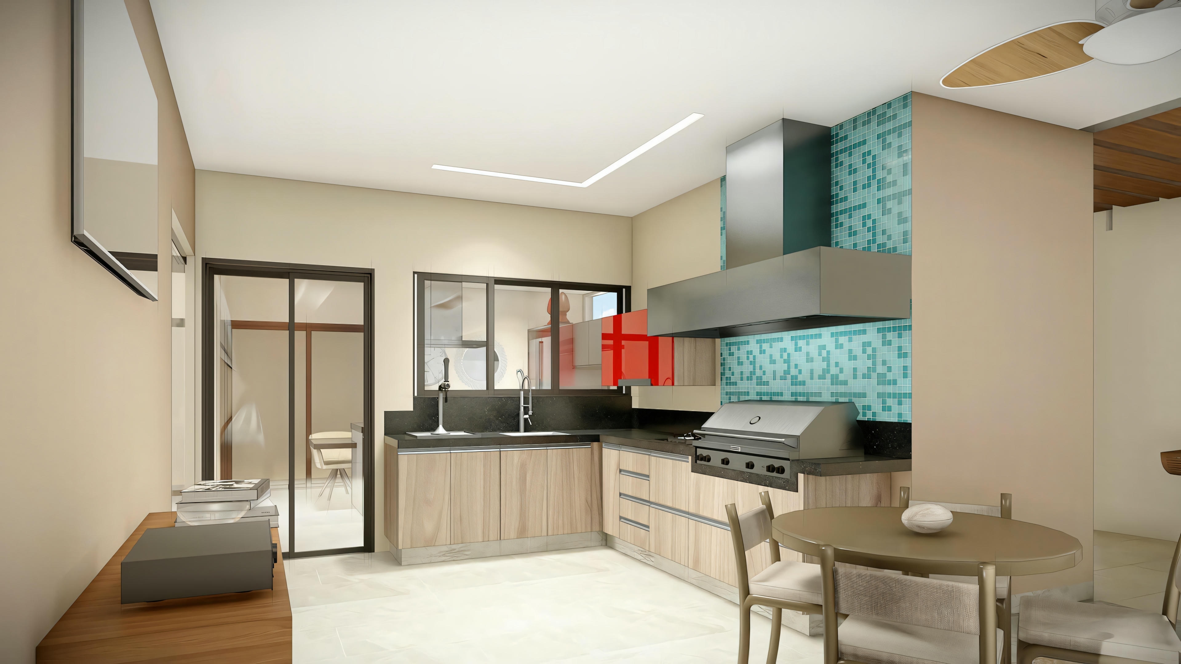 Uma cozinha com armários claros, vista de um ângulo diferente, mostrando mais armários e a continuidade do backsplash azul-petróleo.