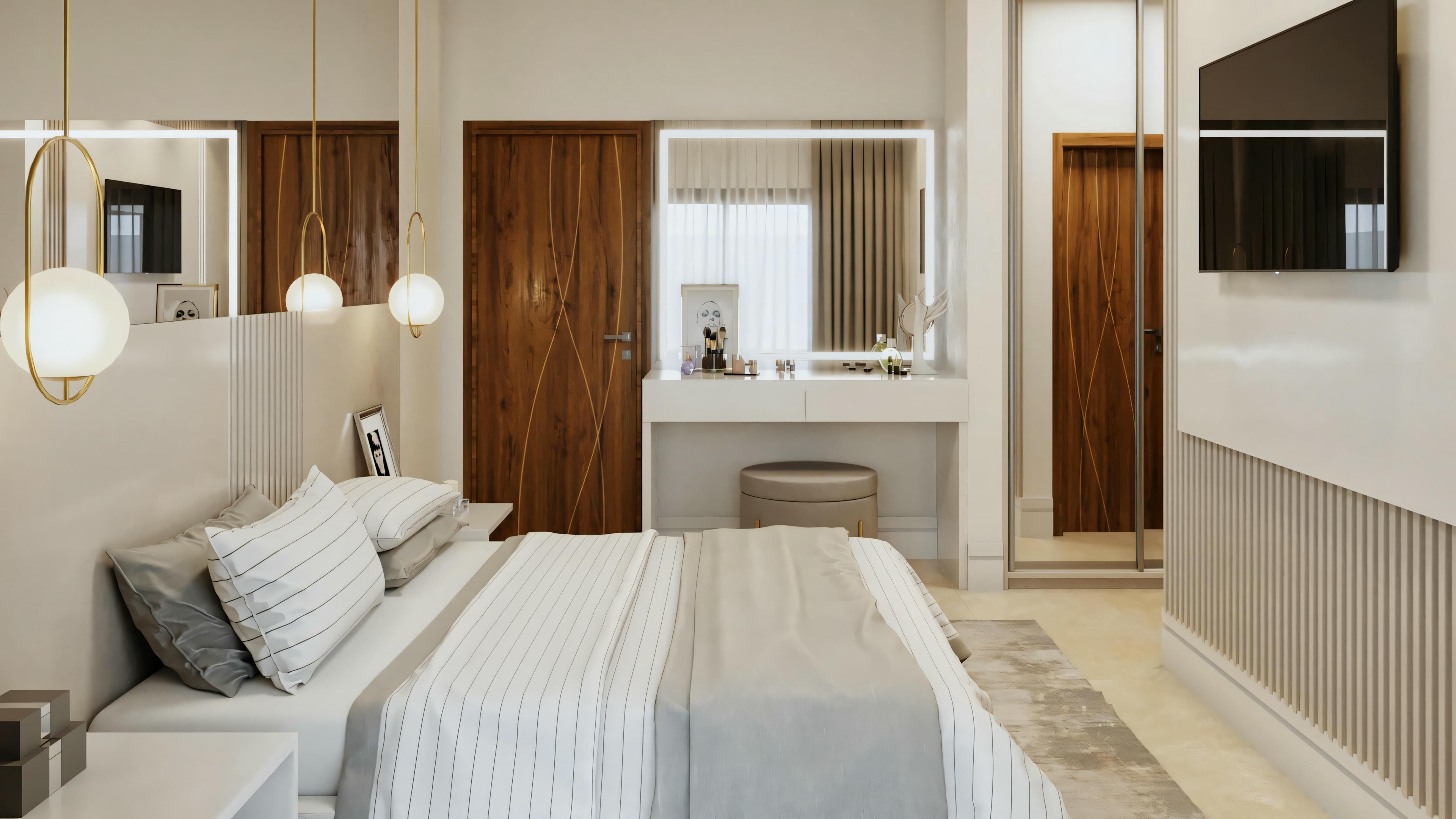 Vista general de un cuarto suite de matrimonio del proyecto listo de casa de planta baja con 2 suites. El cuarto presenta cama de matrimonio, panel de TV, iluminación colgante, puerta de madera, armario espejado y un área de tocador con espejo iluminado y banco.