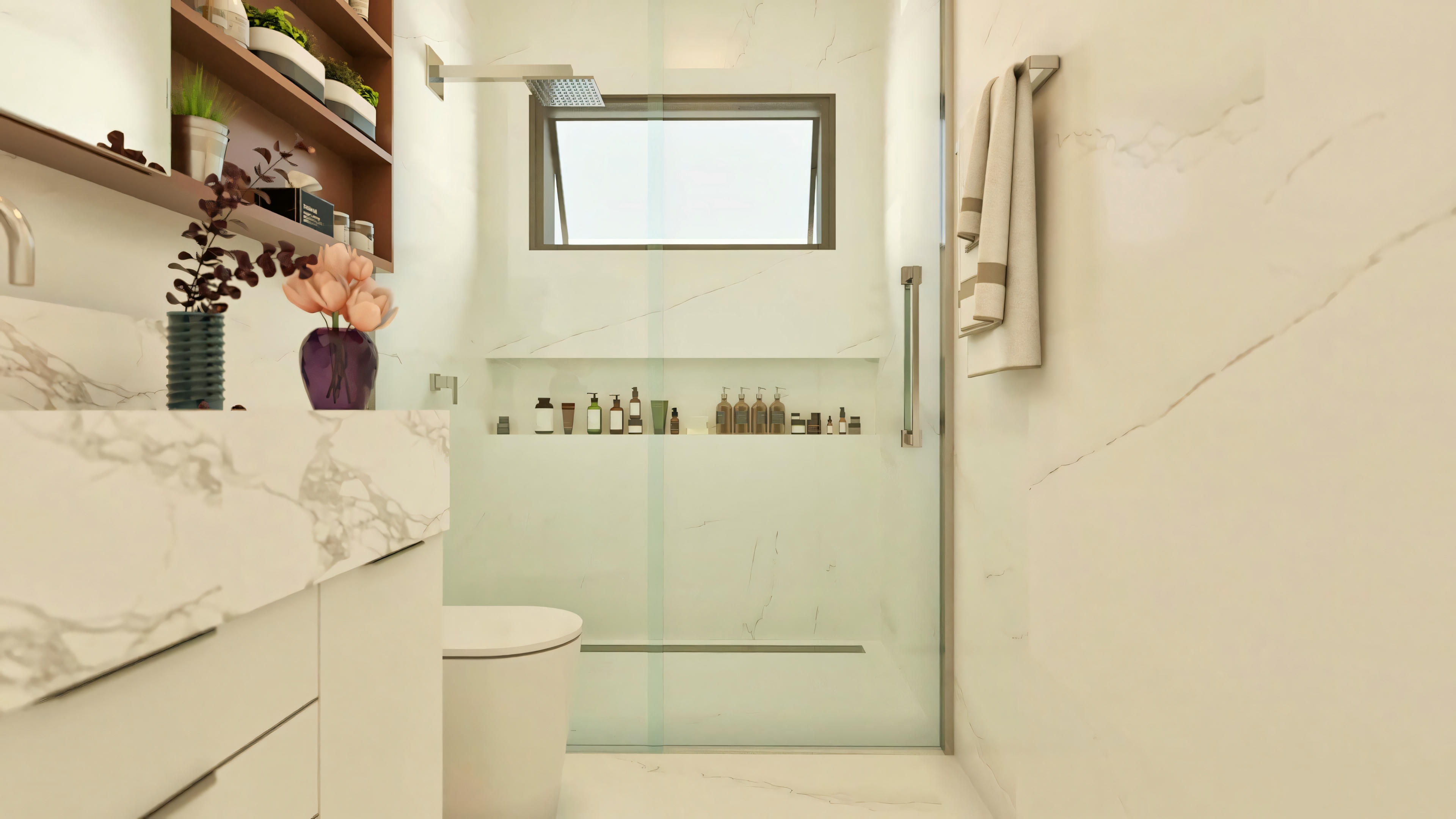 Detalhe do box do banheiro em suíte de projeto de casa de luxo, com nicho embutido, chuveiro moderno e revestimento em mármore Calacatta.