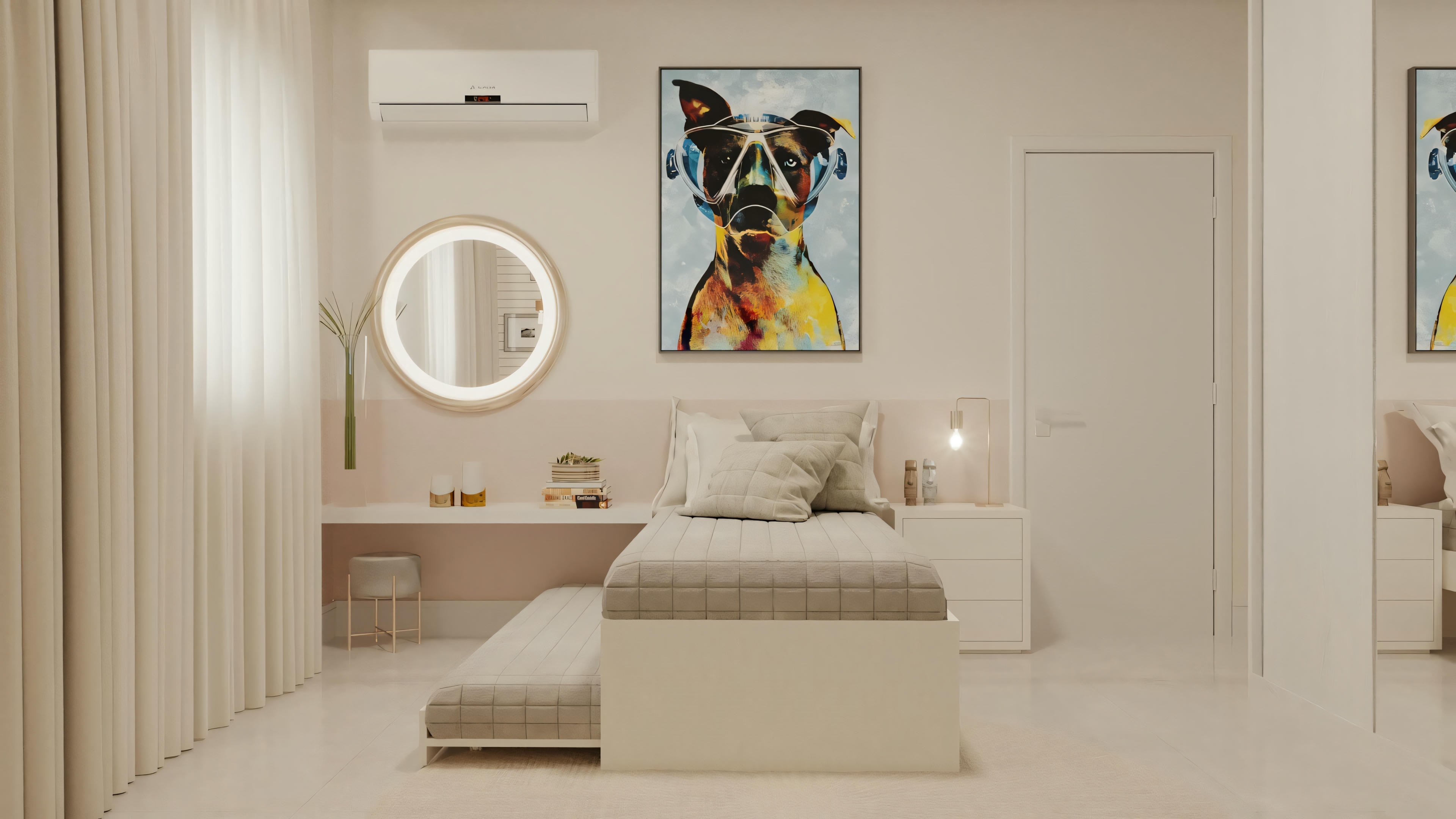 Un dormitorio acogedor con cama, mesitas laterales y obra de arte sobre la cama.