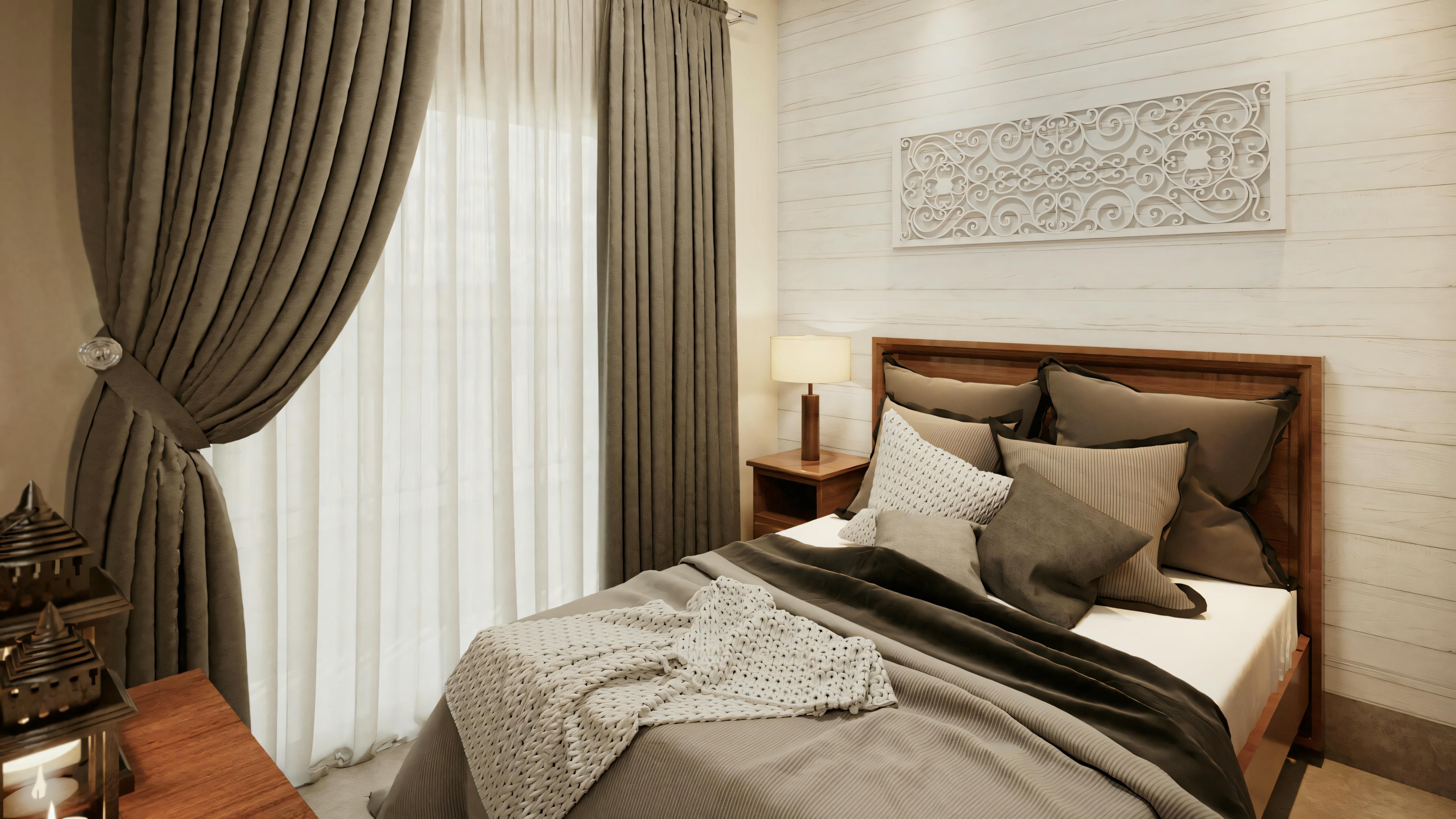 Dormitorio con cama hecha, dos almohadas y pieza decorativa sobre el cabecero.