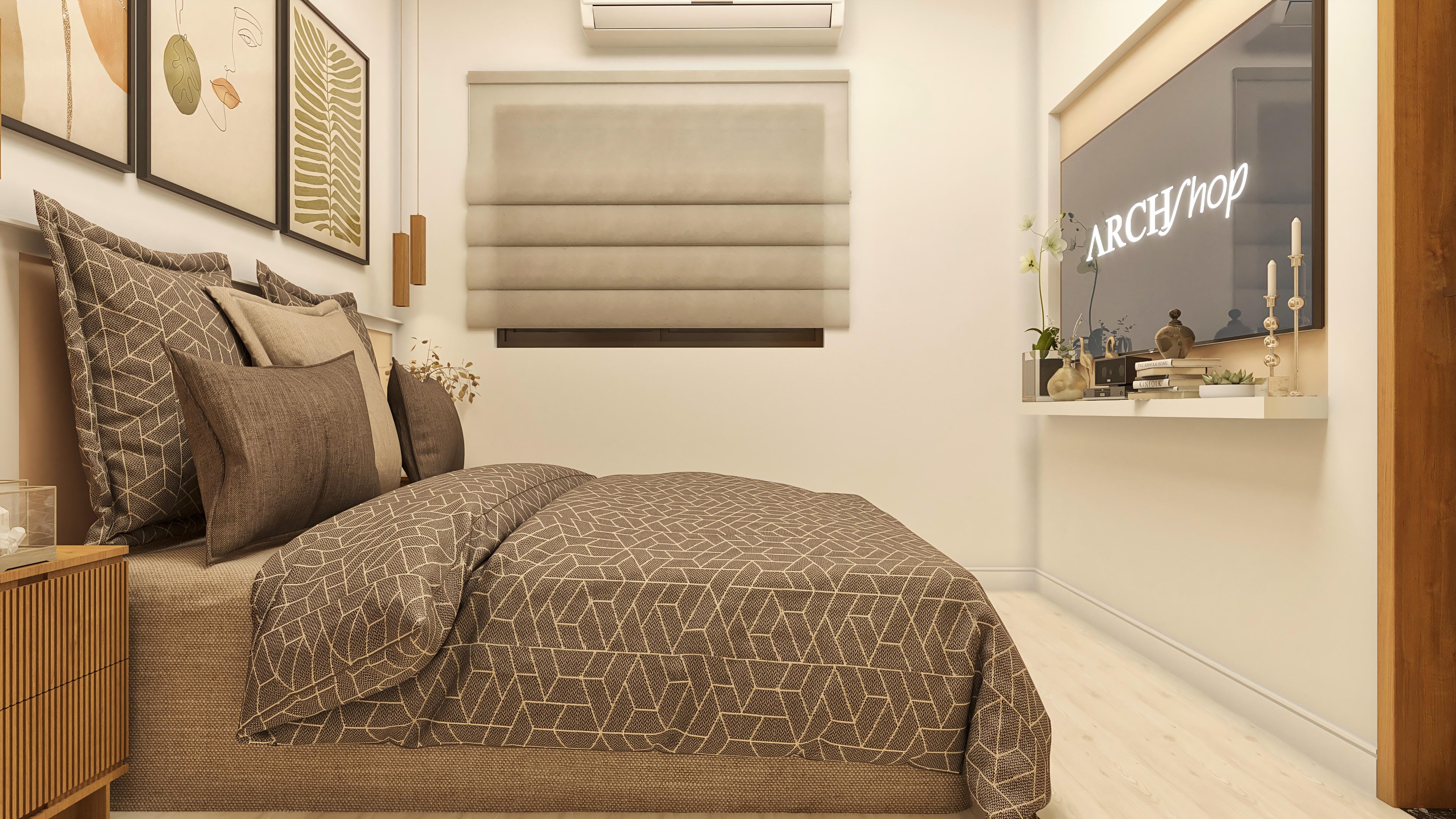Interior de un dormitorio moderno con cama de matrimonio adornada con sábanas y cojines en tonos terrosos y patrón geométrico, cabecero con obras de arte abstractas y un armario de madera.