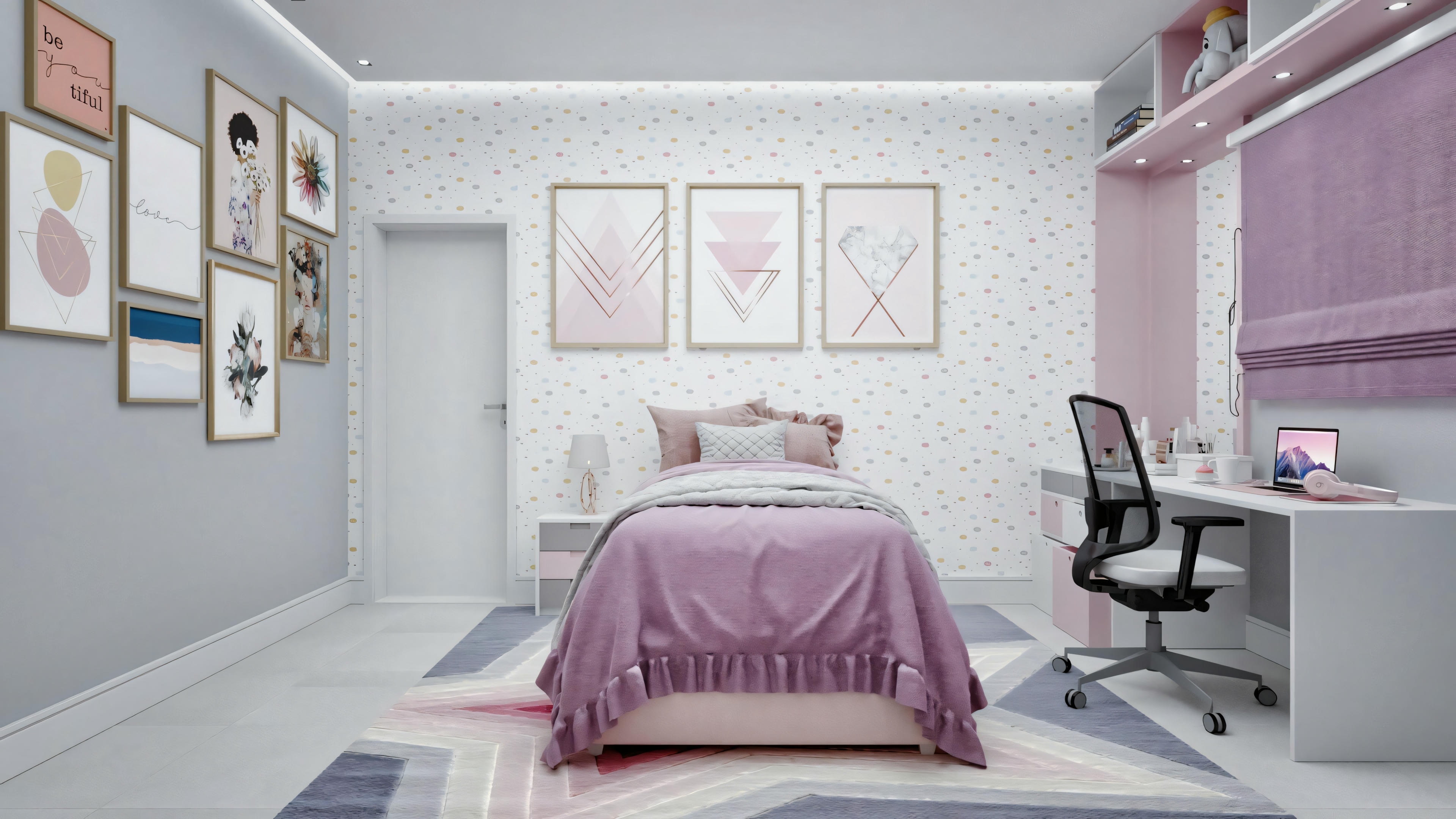 Dormitorio pintado en tonos rosas claros con cama de ropa de cama rosa, dos mesitas de noche blancas y una silla morada en la esquina.