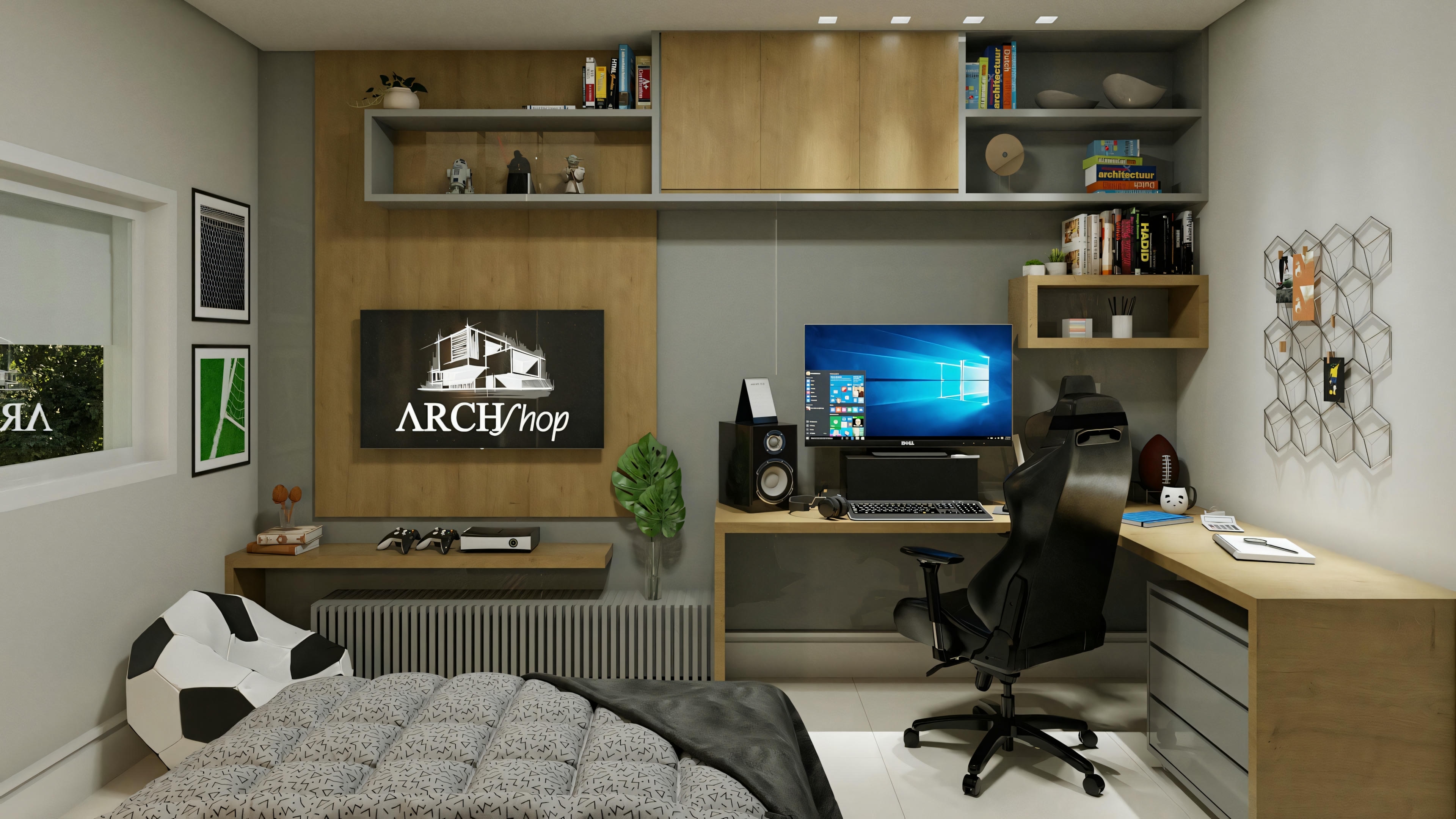 Um escritório com mesa, cadeira, computador e prateleiras acima da mesa.