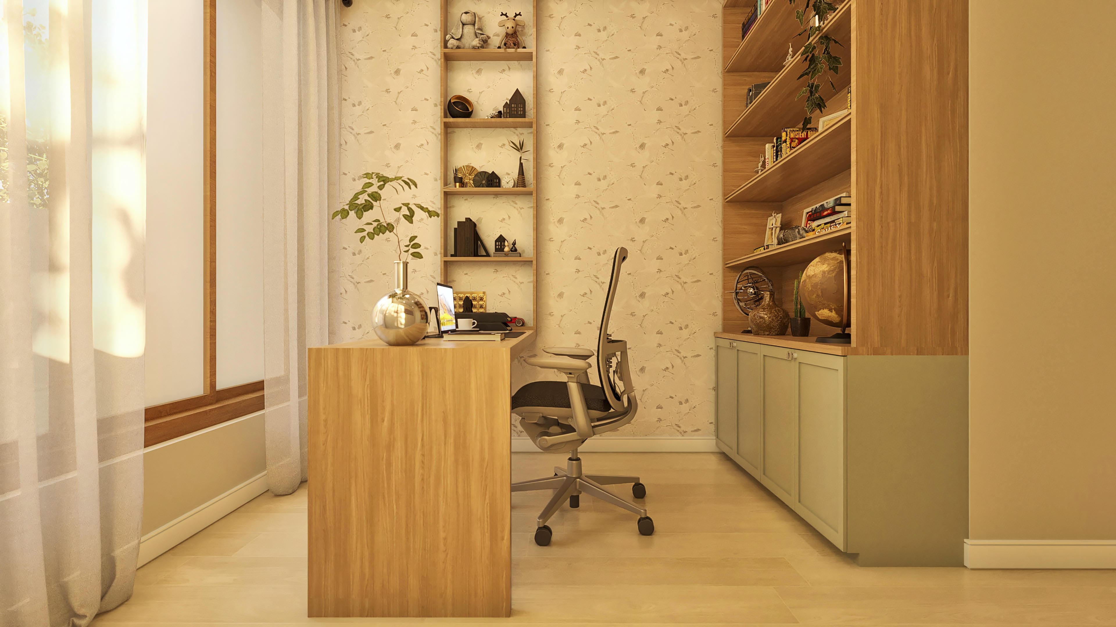 Ambiente de oficina moderna con mesa de madera clara, estanterías integrales e iluminación natural proveniente de amplias ventanas con cortinas traslúcidas.
