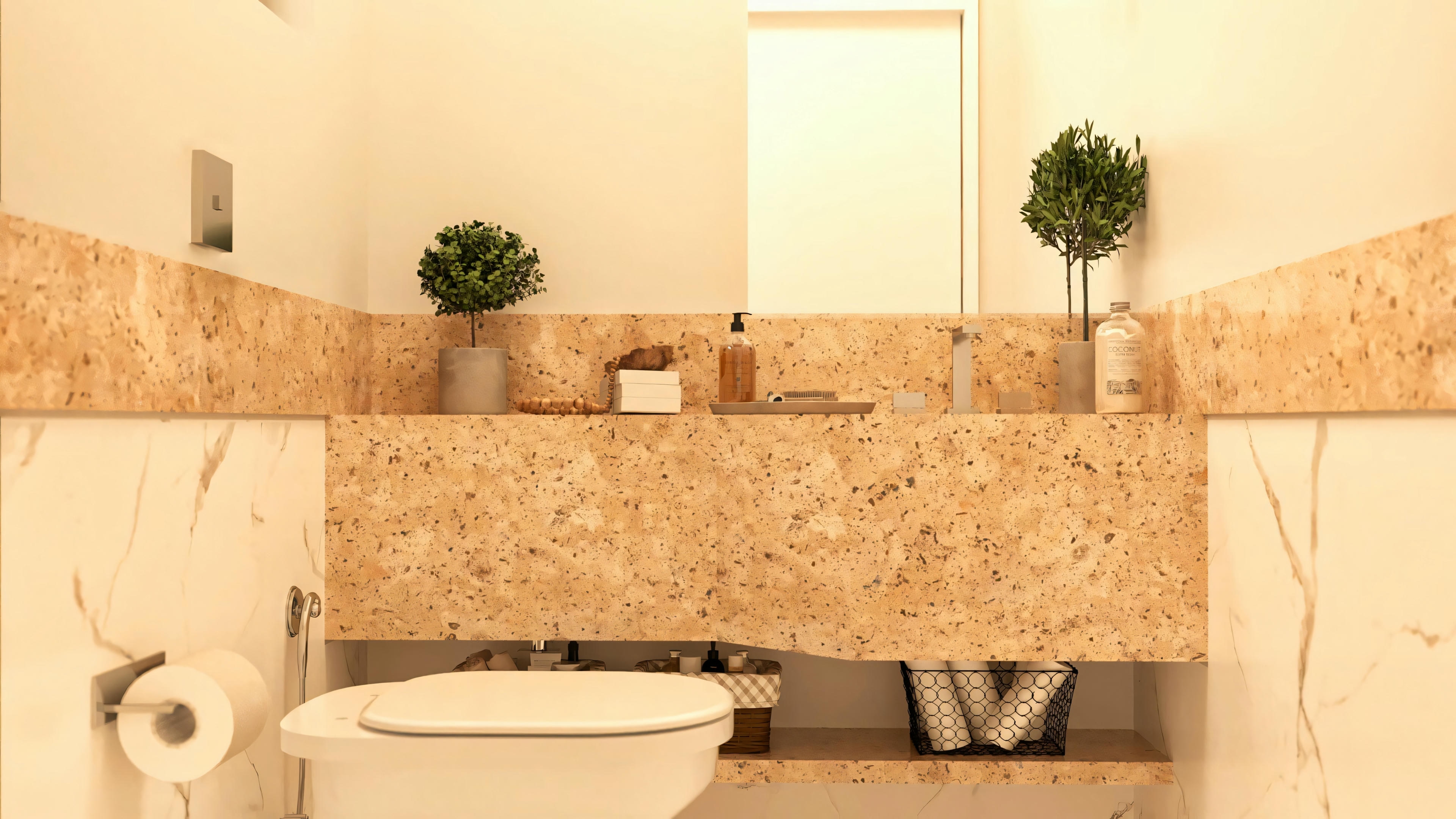 Modern bathroom or powder room in a bungalow house project with 3 suites. Features a continuous countertop in granilite or light granite, a lower niche, and walls with light marble-style cladding. One of the bathrooms in the 276.43m² bungalow house with 3 suites.