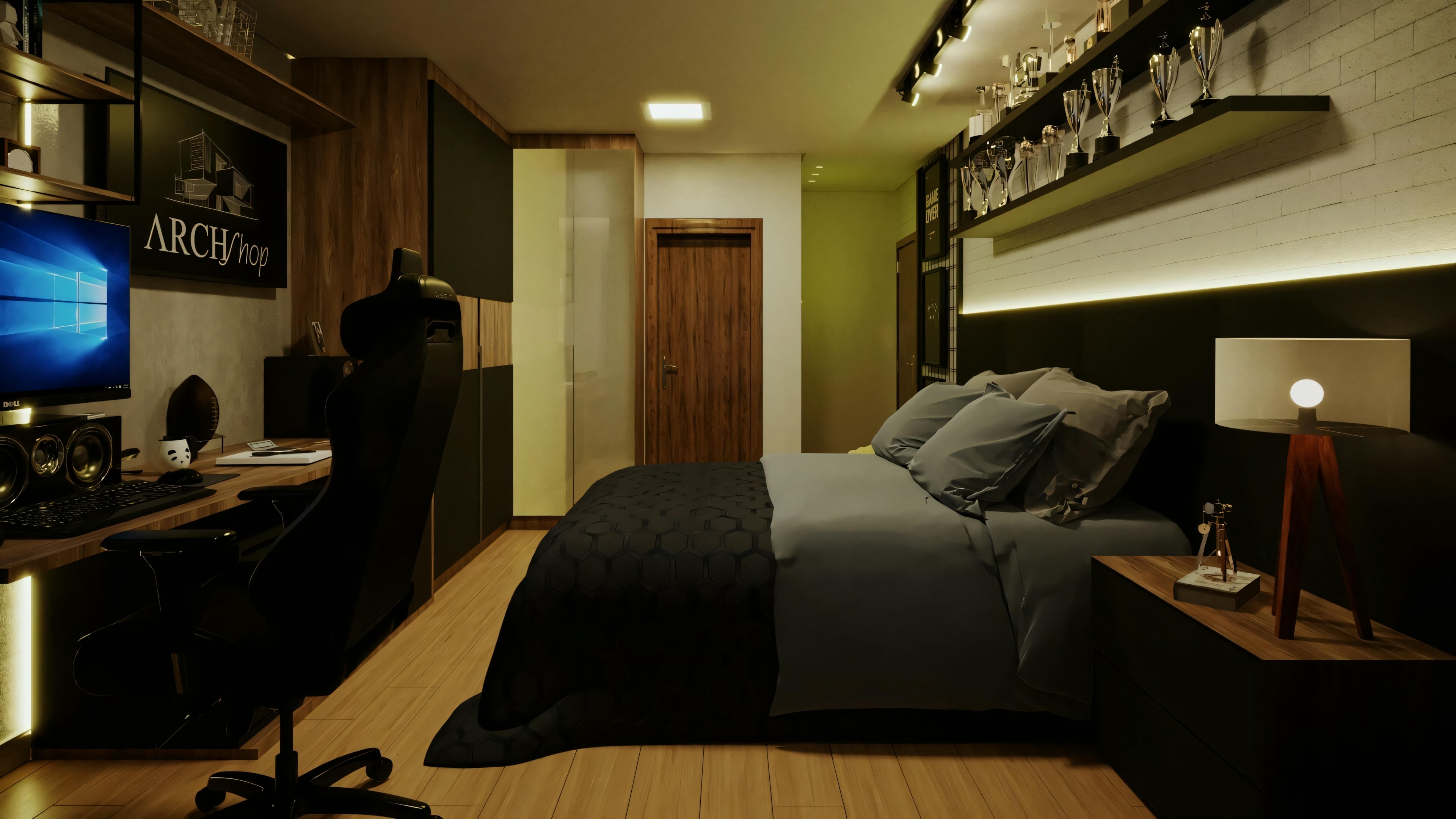 Una habitación con cama, estanterías encima de la cama, televisor a la izquierda e iluminación ambiental.