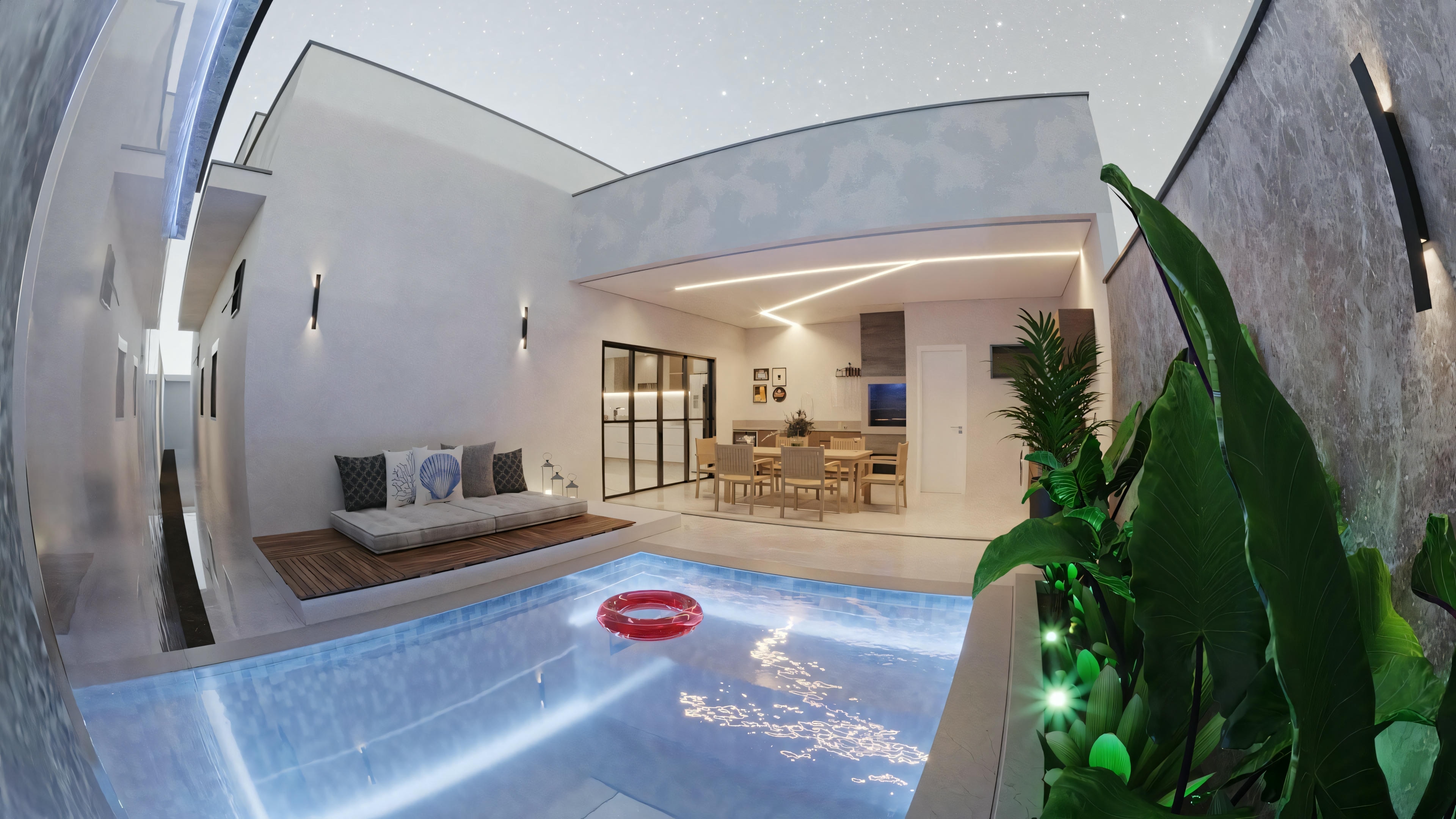 Indoor area with a covered pool, vaulted ceiling, large windows, and seating area.