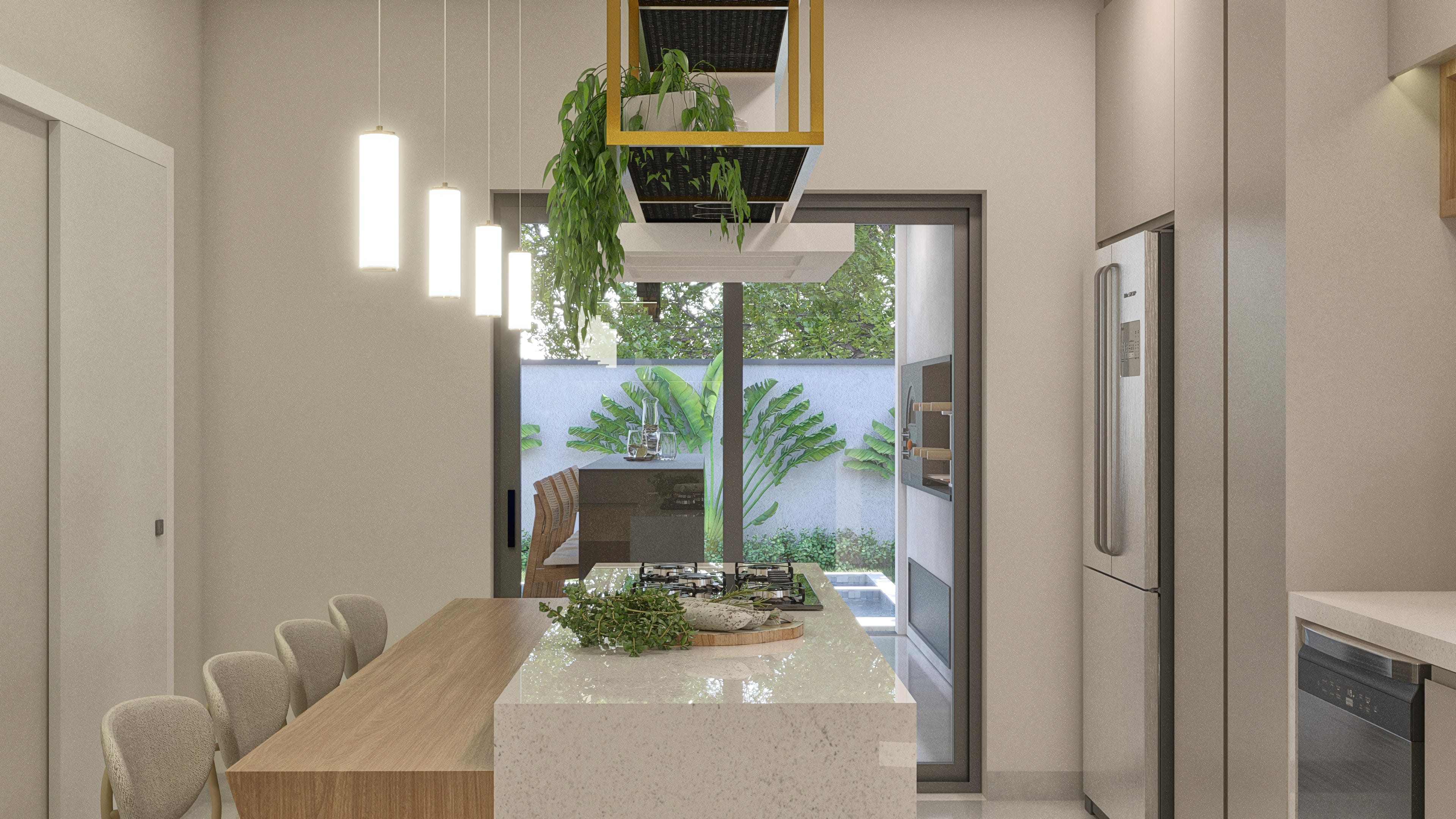 Internal view of the kitchen with an island, light stone countertop, built-in stove, and a view to the external gourmet area with a barbecue grill and pool.