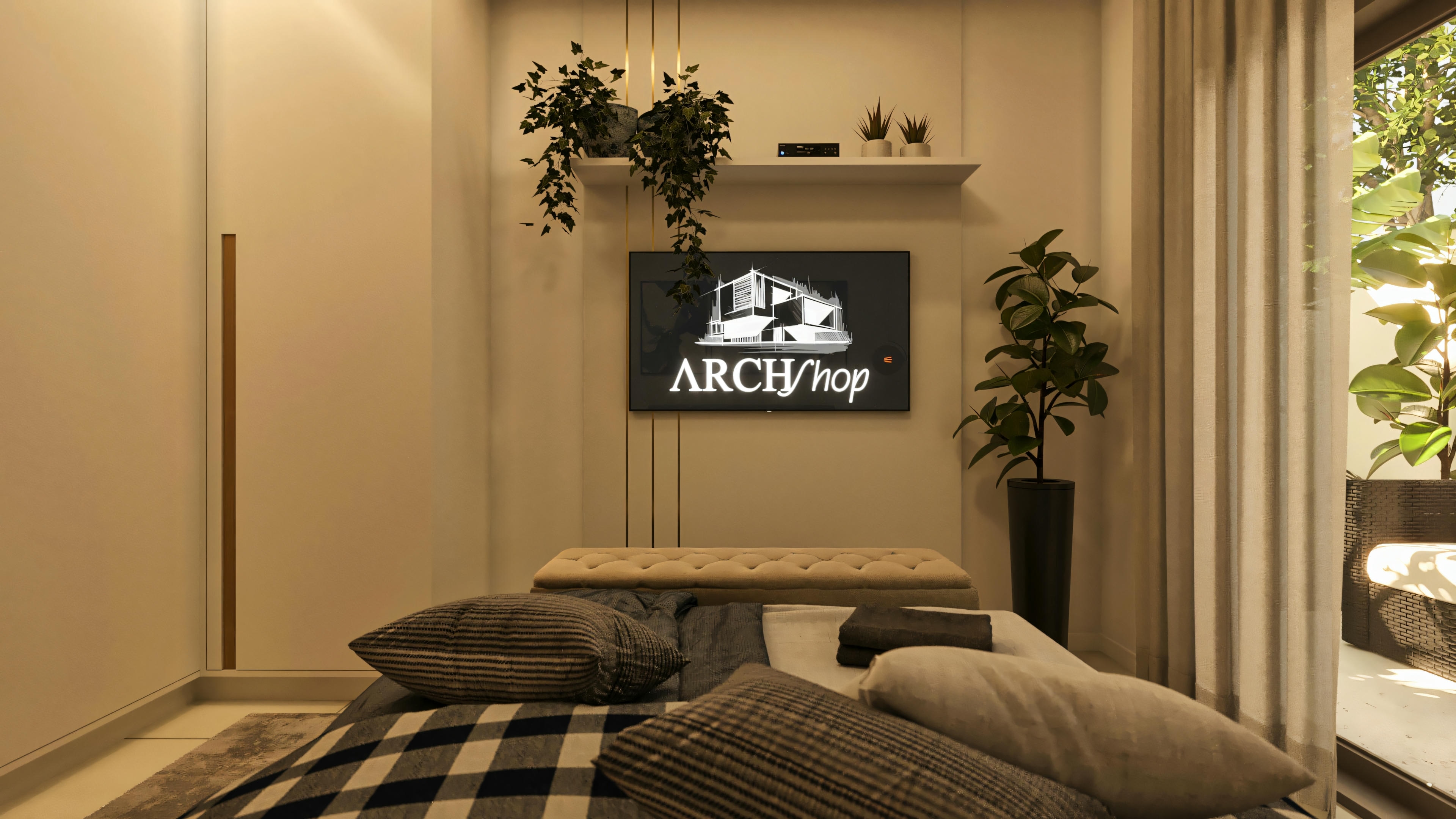 Cozy living room with sofa, armchair, coffee table, and wall-mounted television.