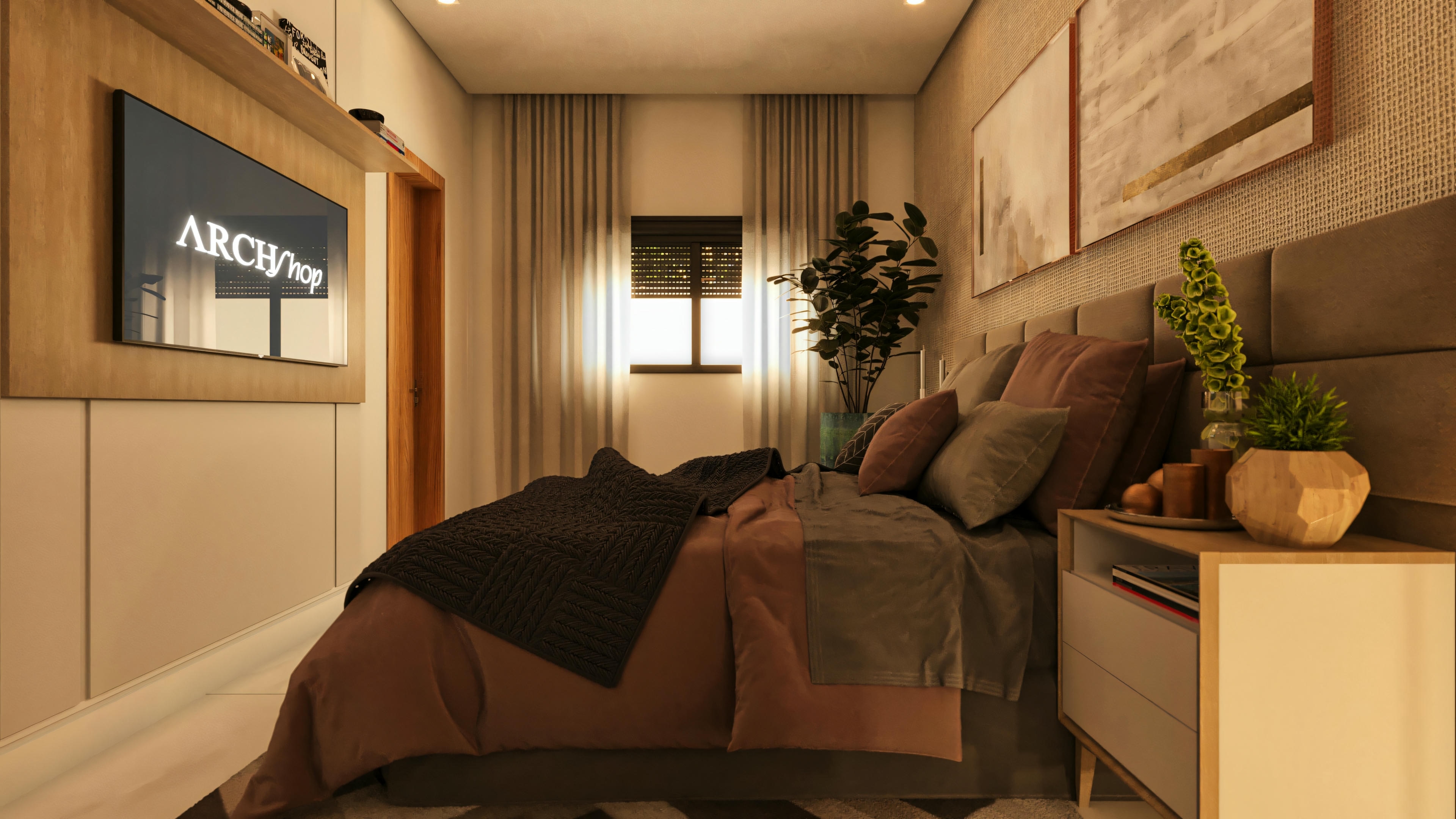 Second master suite bedroom in a modern 3-bedroom house, view from the bed towards the window with curtains and the wooden TV panel. Bedroom with upholstered headboard, textured wallpaper, and contemporary decor.