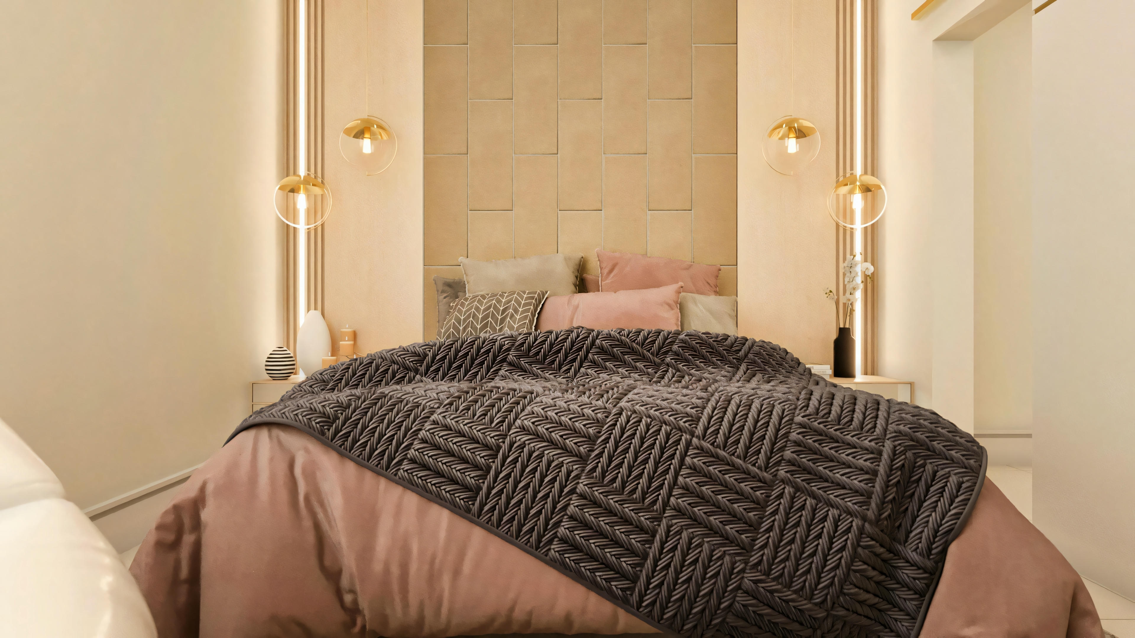 Master suite bedroom in a 3-bedroom ranch house. Focus on the double bed with neutral-toned bedding and an elaborate wood/MDF headboard panel with relief details, built-in linear lighting, and golden pendant lights on the sides.