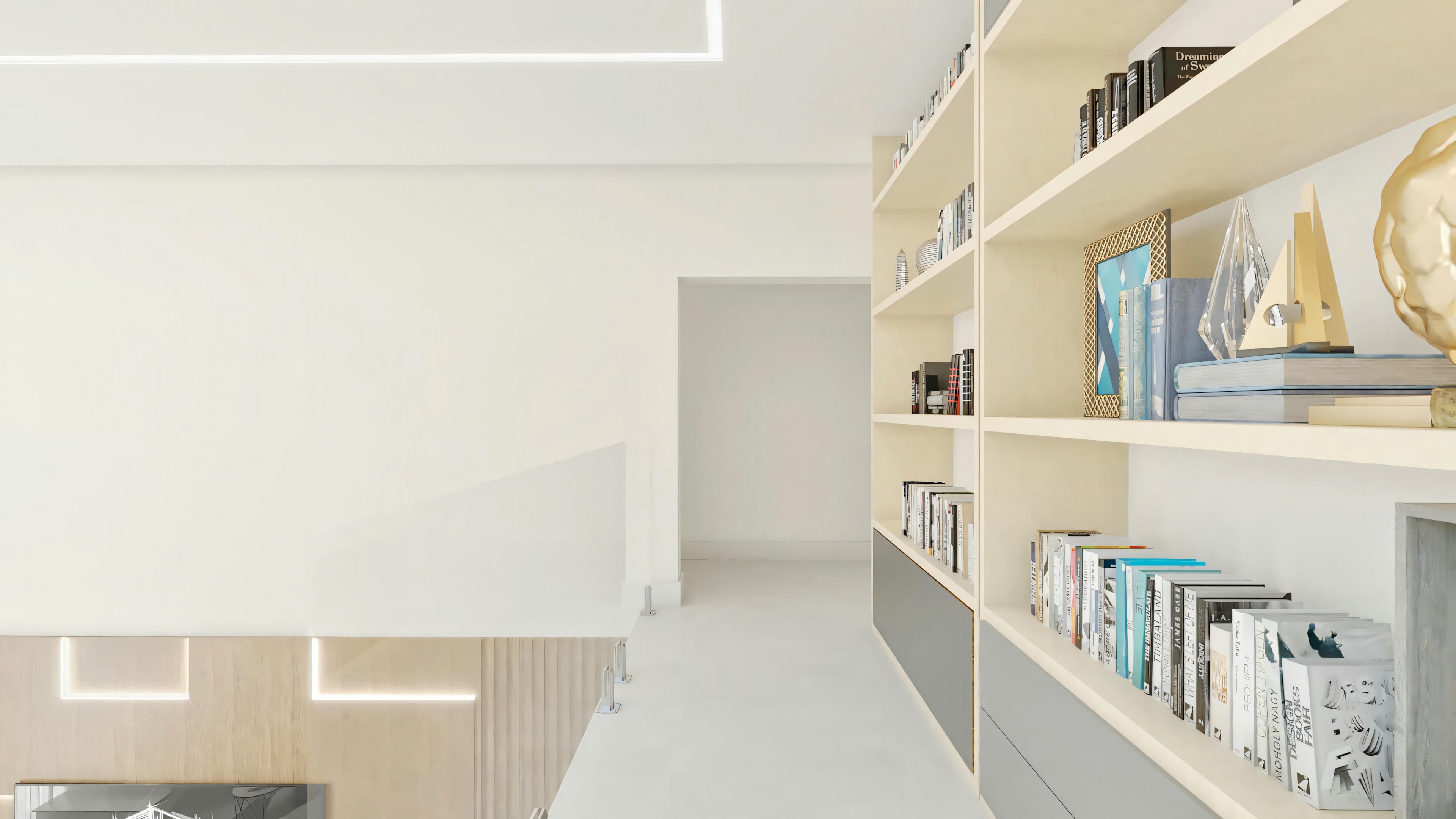 View of the mezzanine corridor with side shelf, in the 3-bedroom house project with pool. Upper circulation space overlooking the living room. Archshop ready-made project.