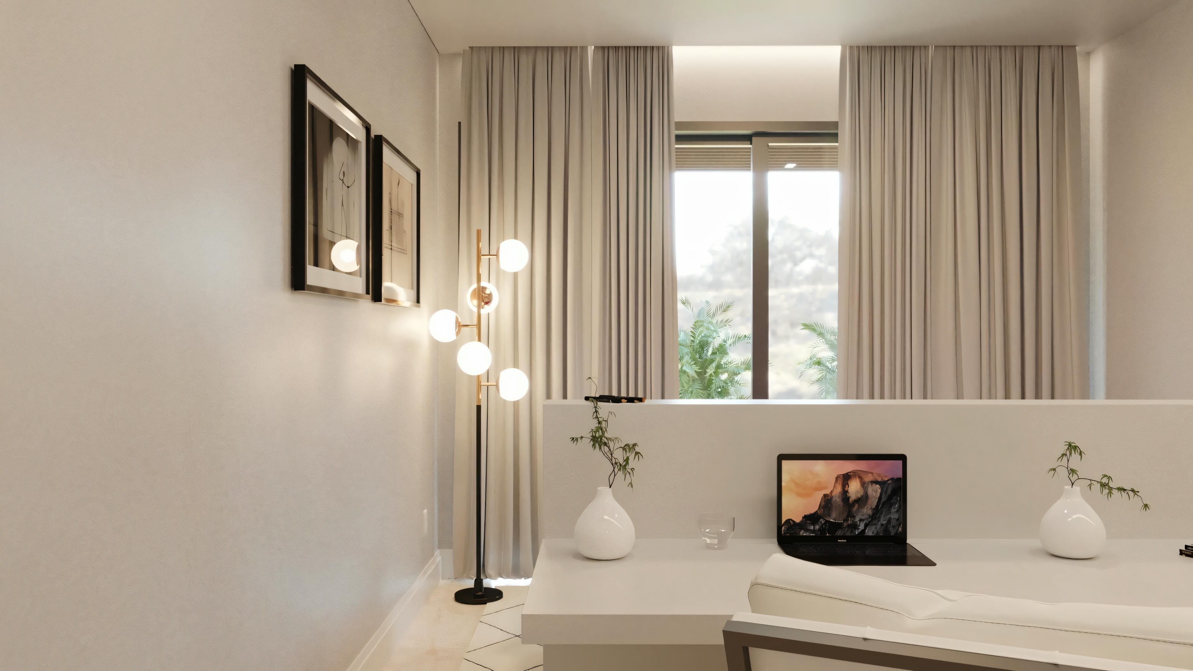 A well-lit interior space, possibly a bathroom area with a countertop and two sinks.