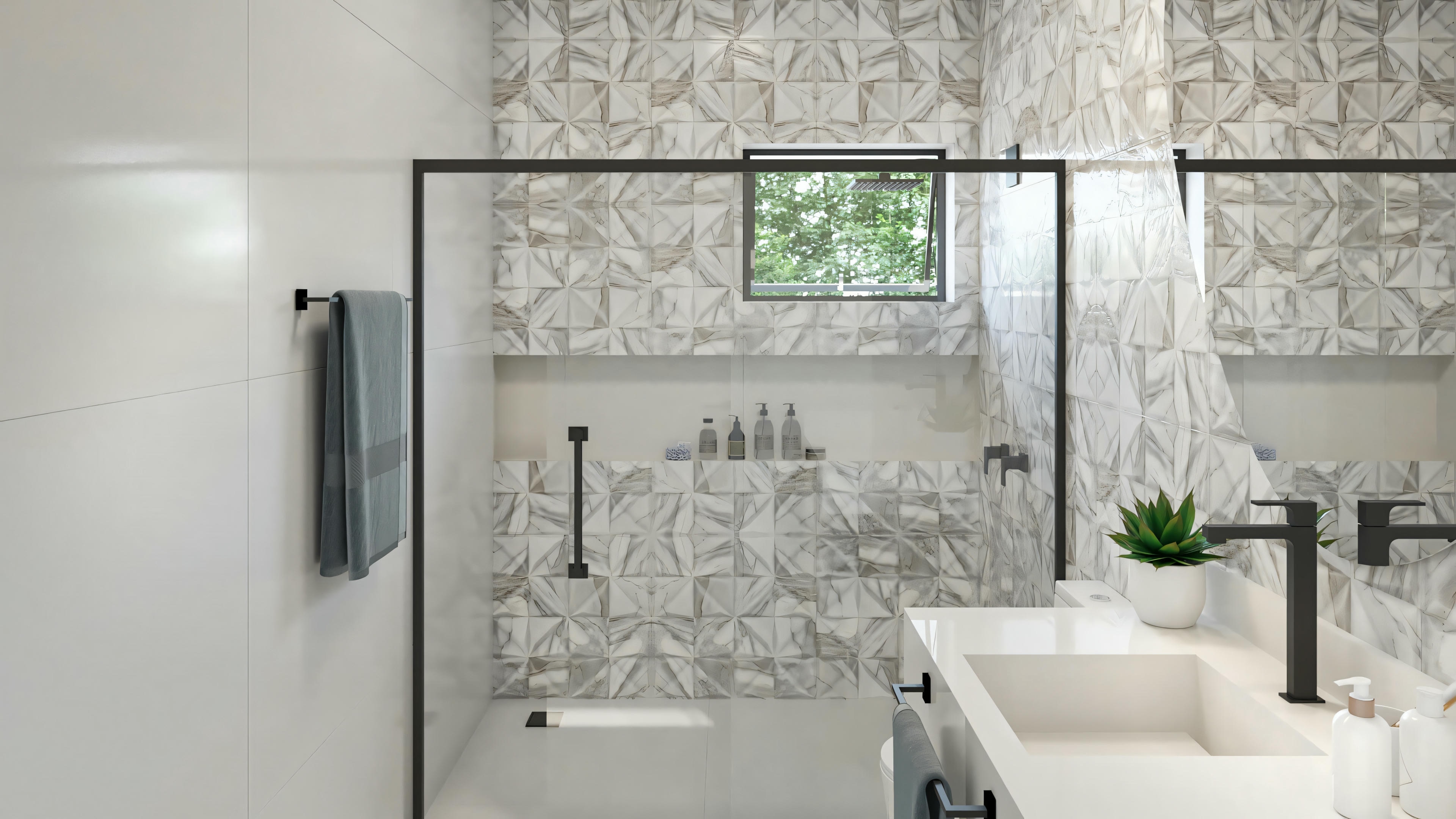 Modern bathroom with glass shower enclosure, white bathtub, and sink with cabinet. There is a small window above the bathtub allowing natural light, and the walls are adorned with decorative tiles.