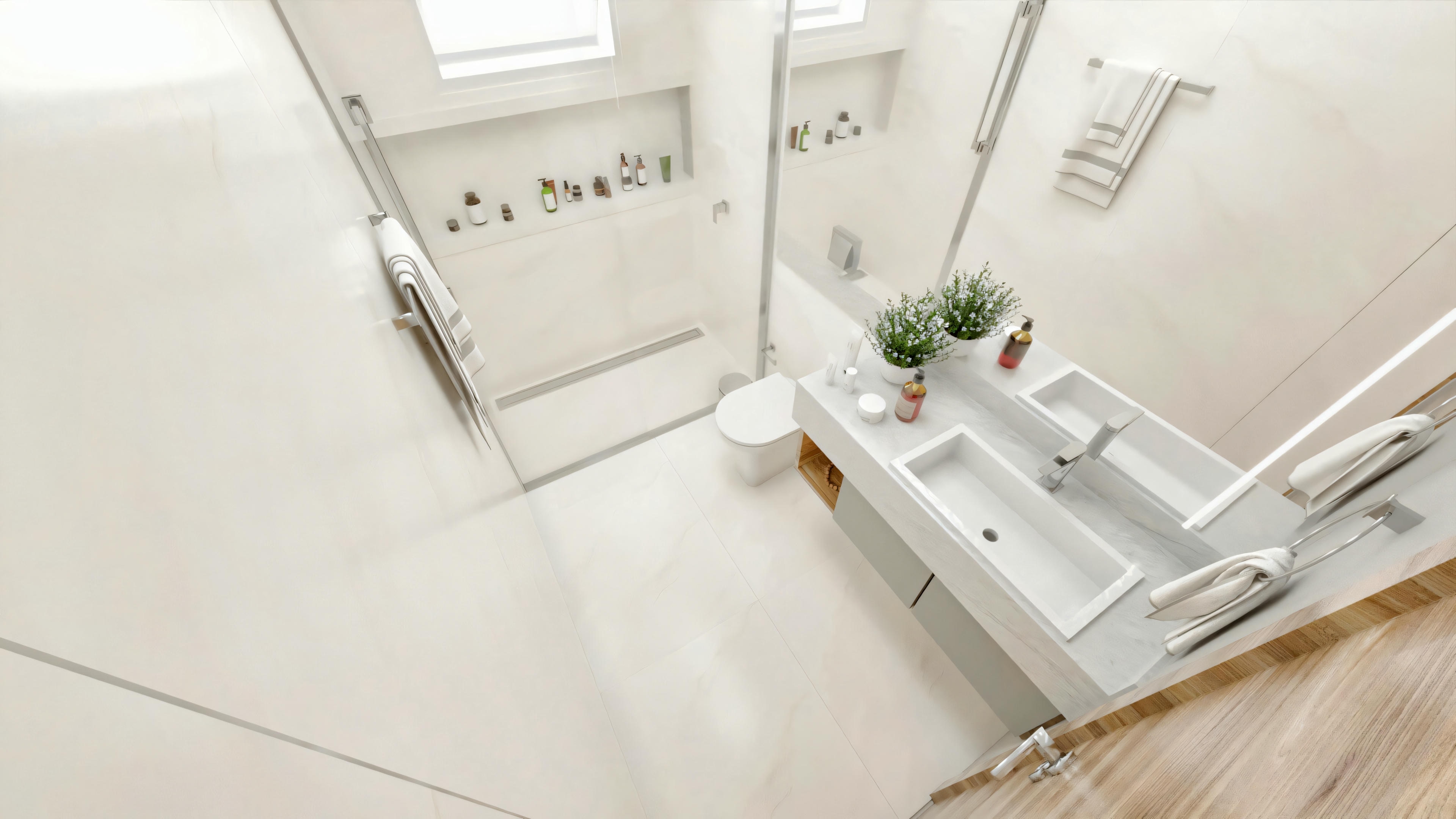 Top view of a modern bathroom with a glass shower enclosure, built-in niche, wall-hung toilet, and floating countertop with a double sink, part of a neoclassical house project.