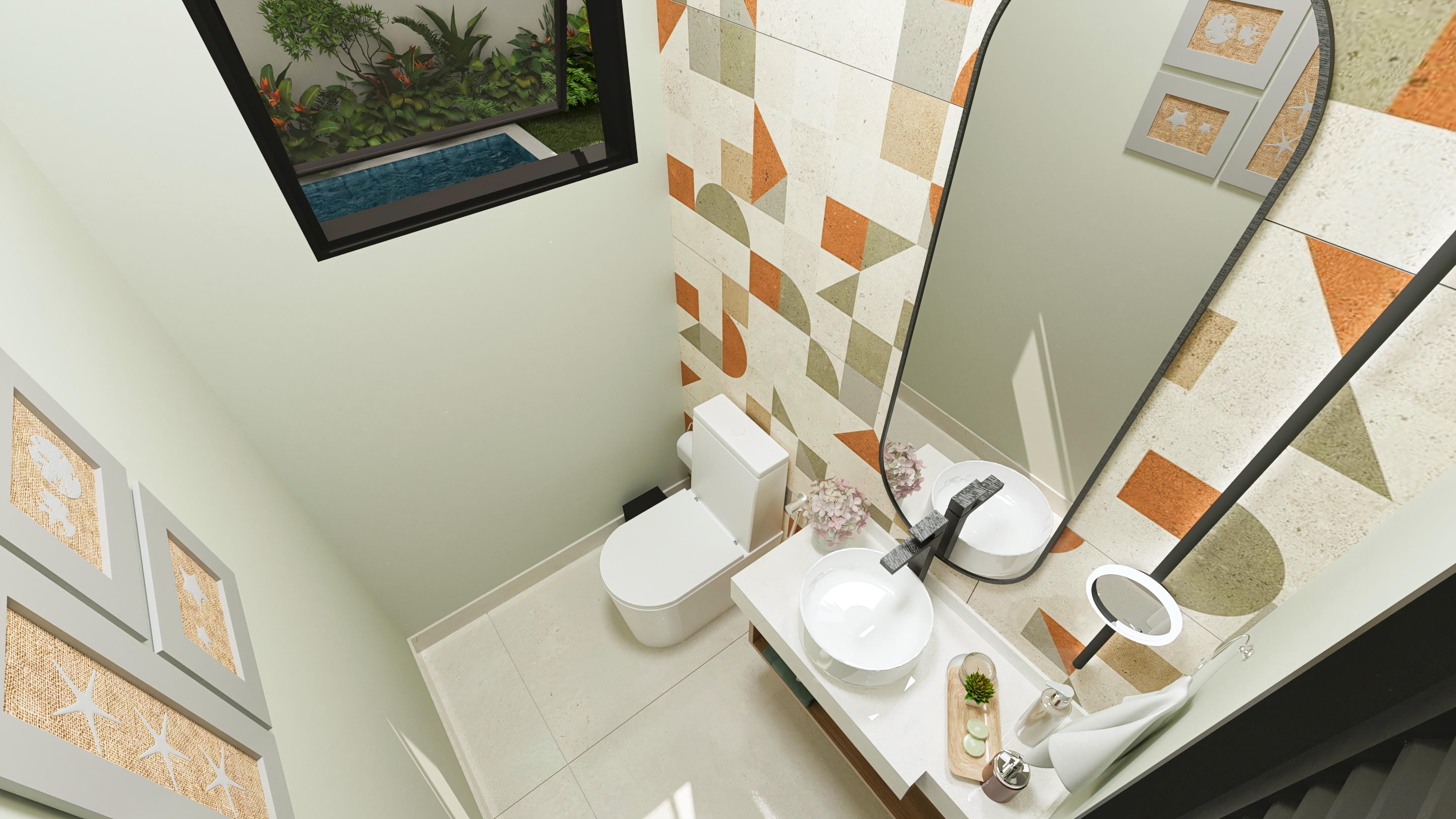 Modern bathroom with geometric cladding in earthy tones and green, a countertop with a vessel sink, a mirror with lighting, and a view of a lush garden with a pool.