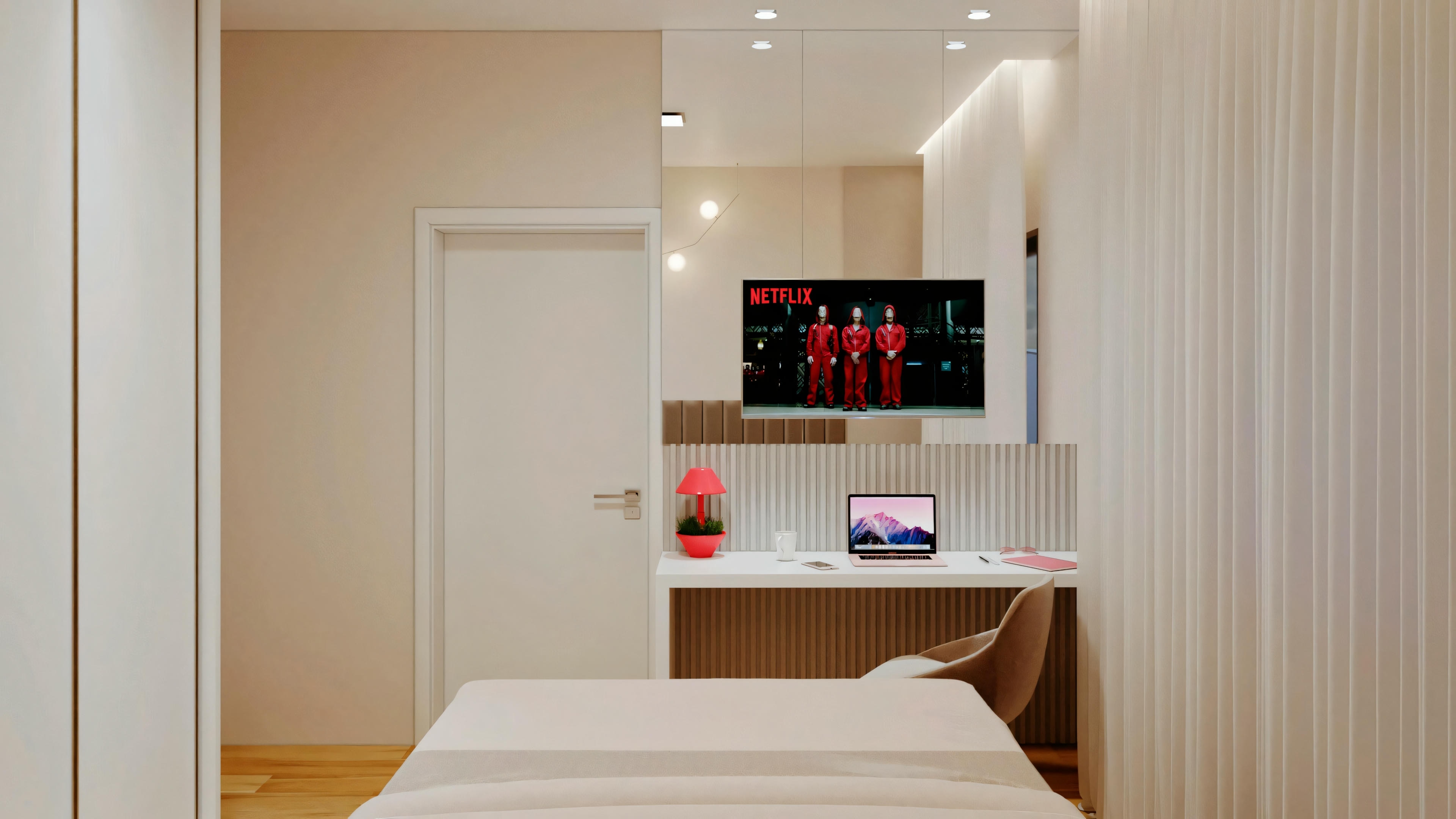 A bathroom with purple lighting, an enclosed shower area, and shelves or cabinets on the right.