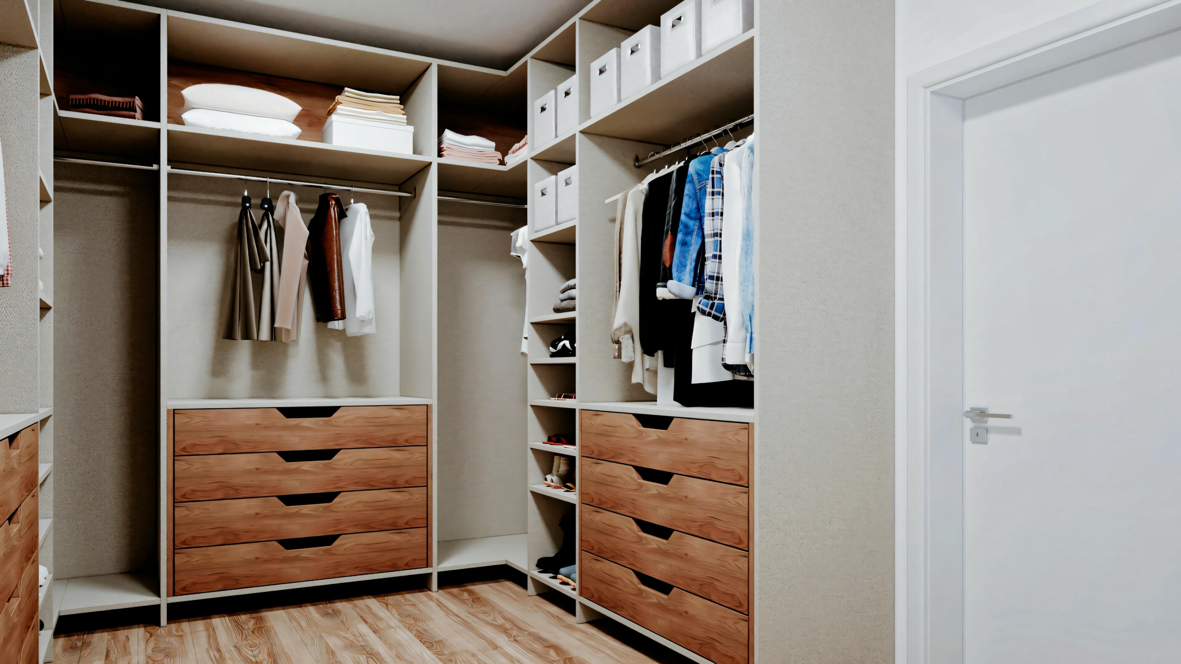 Open closet with various clothes organized on hangers and shelves, along with drawers and storage spaces below.