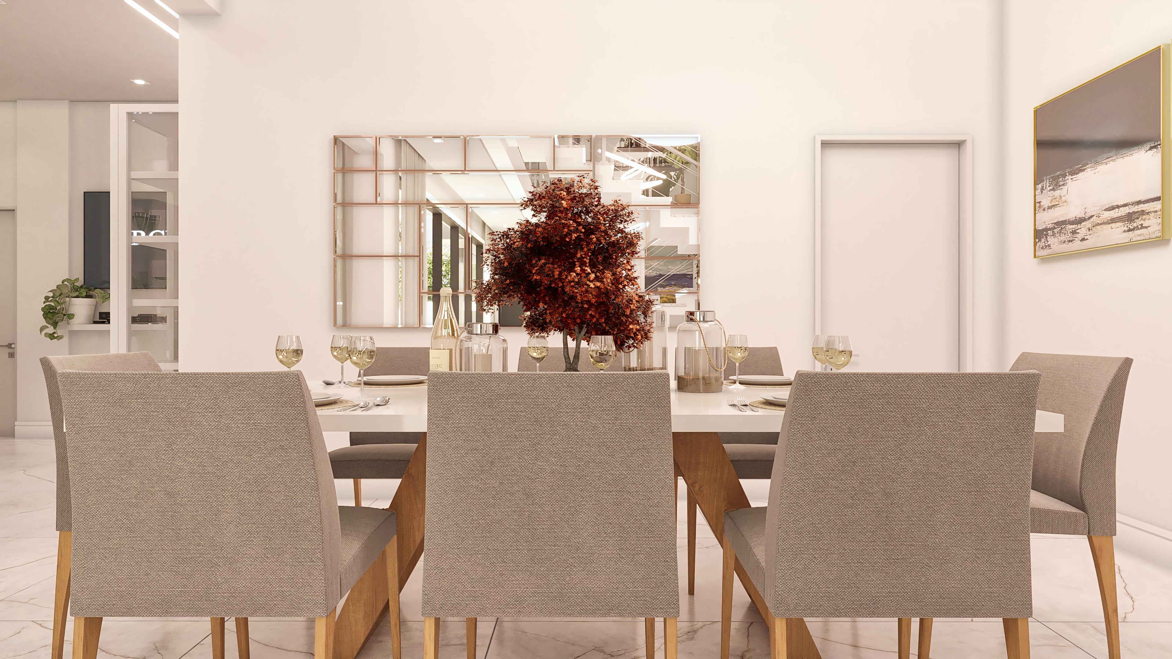 Dining room environment with marbled porcelain tile floor, light wood rectangular table, upholstered chairs in neutral tones, and a decorative mirror with rose gold frame.