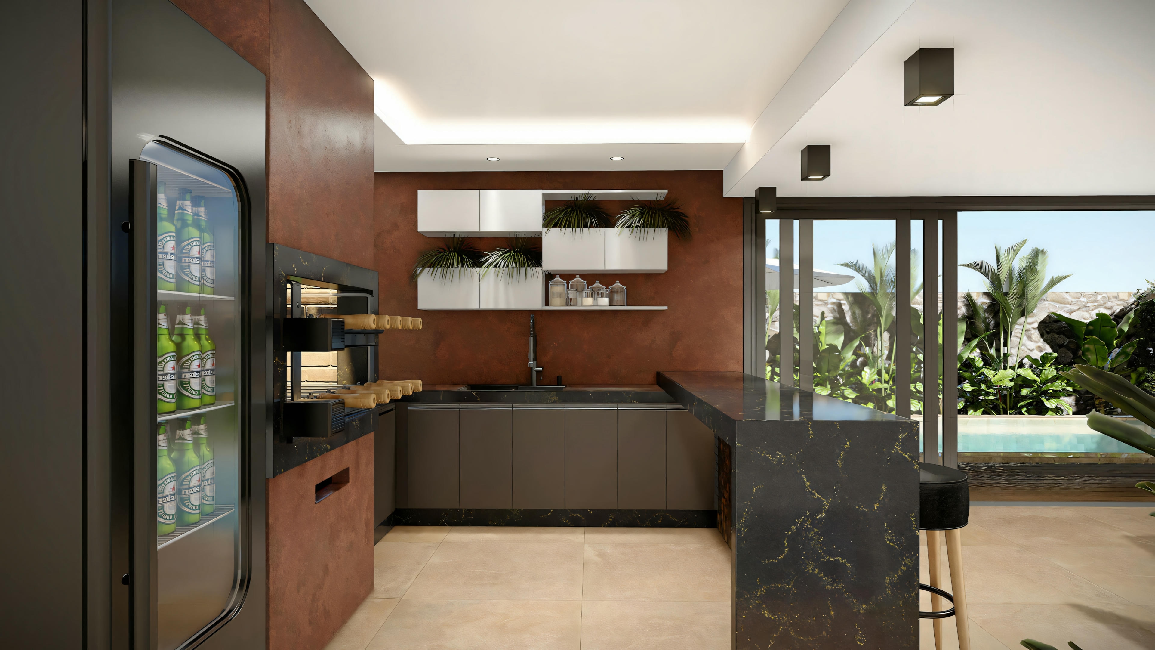 Kitchen project in the gourmet area of the modern house, equipped with a dark stone countertop with a waterfall finish, stools, sink with cabinets, white upper cabinets, built-in barbecue, vertical beer cooler, and visually integrated with the pool area through sliding glass doors.