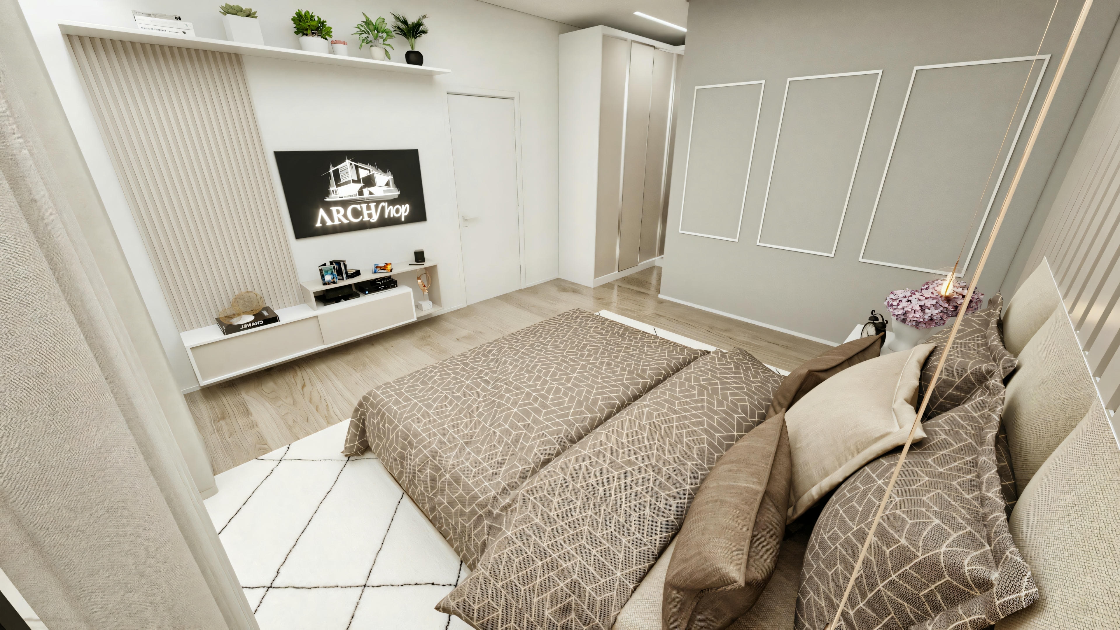 Angular top view of one of the 4 suites of the 316.98m² modern ground floor house, showing bed, slatted TV panel, wardrobe, and light gray boiserie wall.