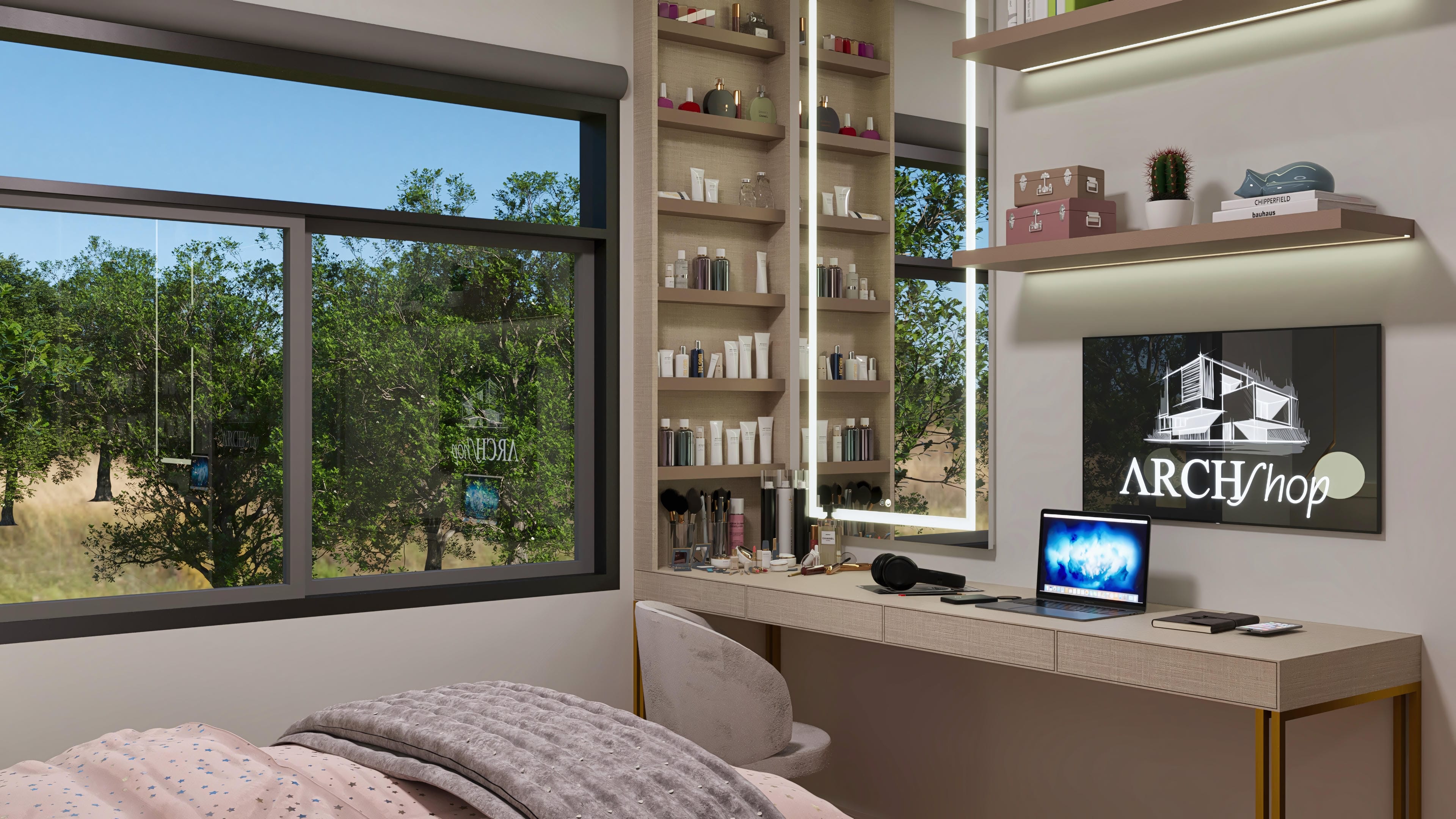 Internal environment with a large window facing a green area, desk with illuminated mirror, laptop, and makeup items. Wood details and indirect lighting.