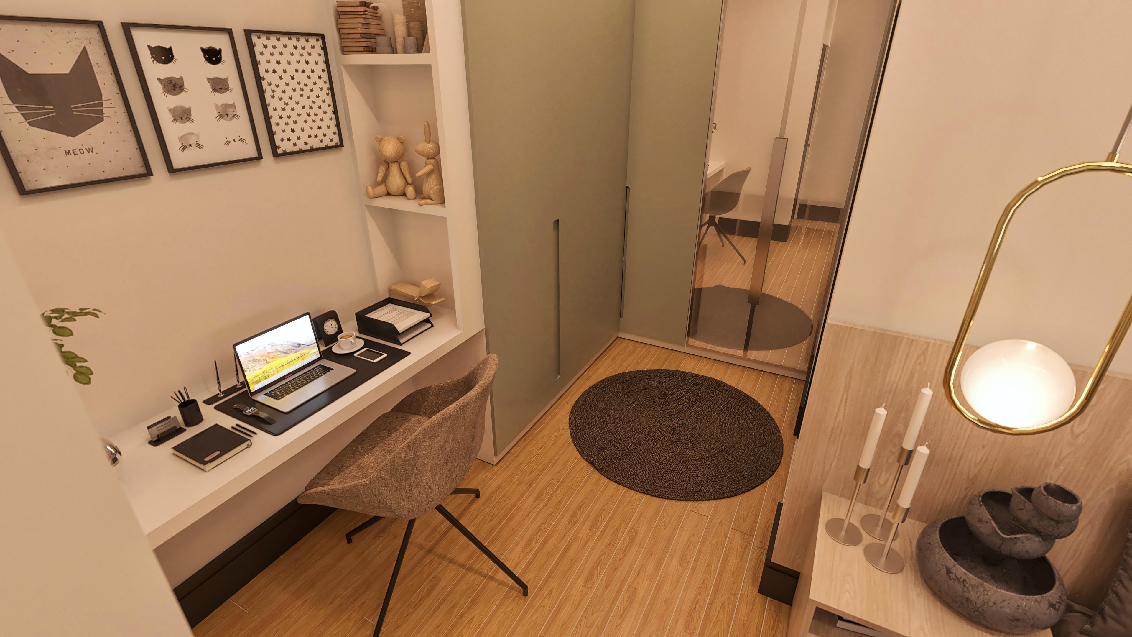 Detail of a modern office with illuminated niches, a functional work desk, a comfortable chair, and decorative elements. The wooden floor adds warmth.