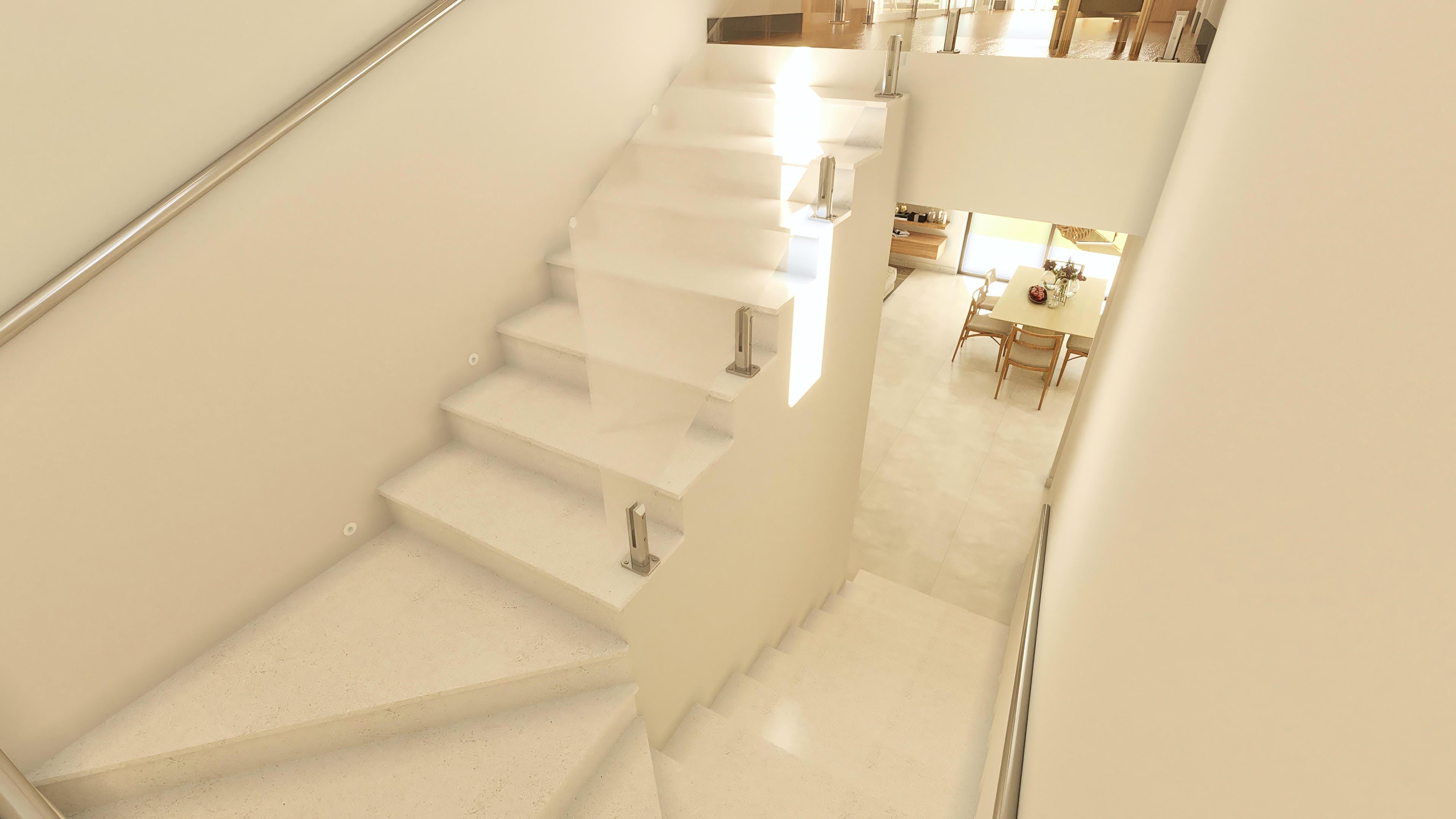 Top view of a modern internal staircase with exposed concrete steps and glass and stainless steel handrail, with access to the dining area and home office.