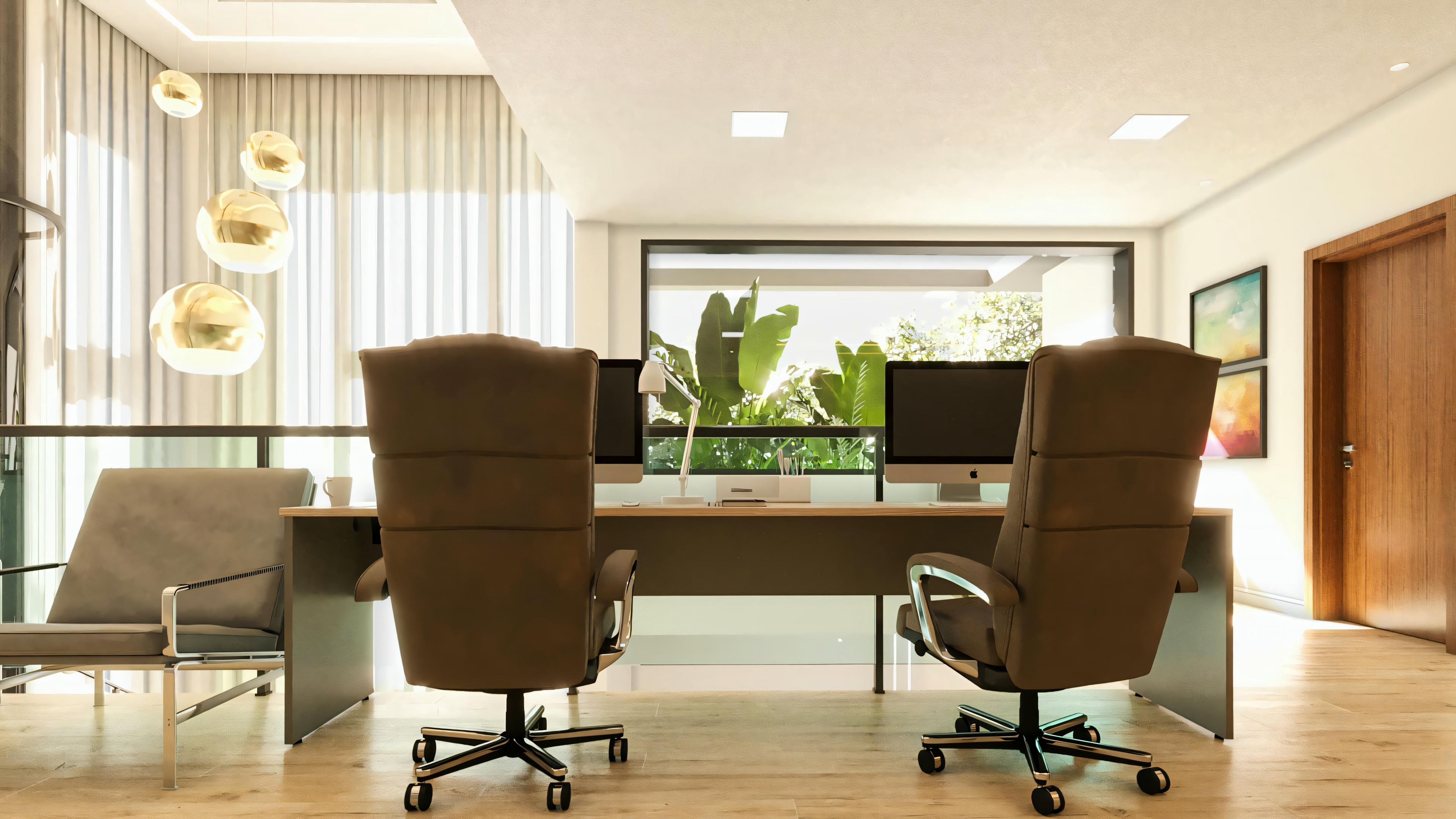 Amplia oficina para dos personas en proyecto de casa moderna, con mesada lineal, dos sillas de oficina marrones, ventana con vista externa e iluminación con lámparas colgantes decorativas.
