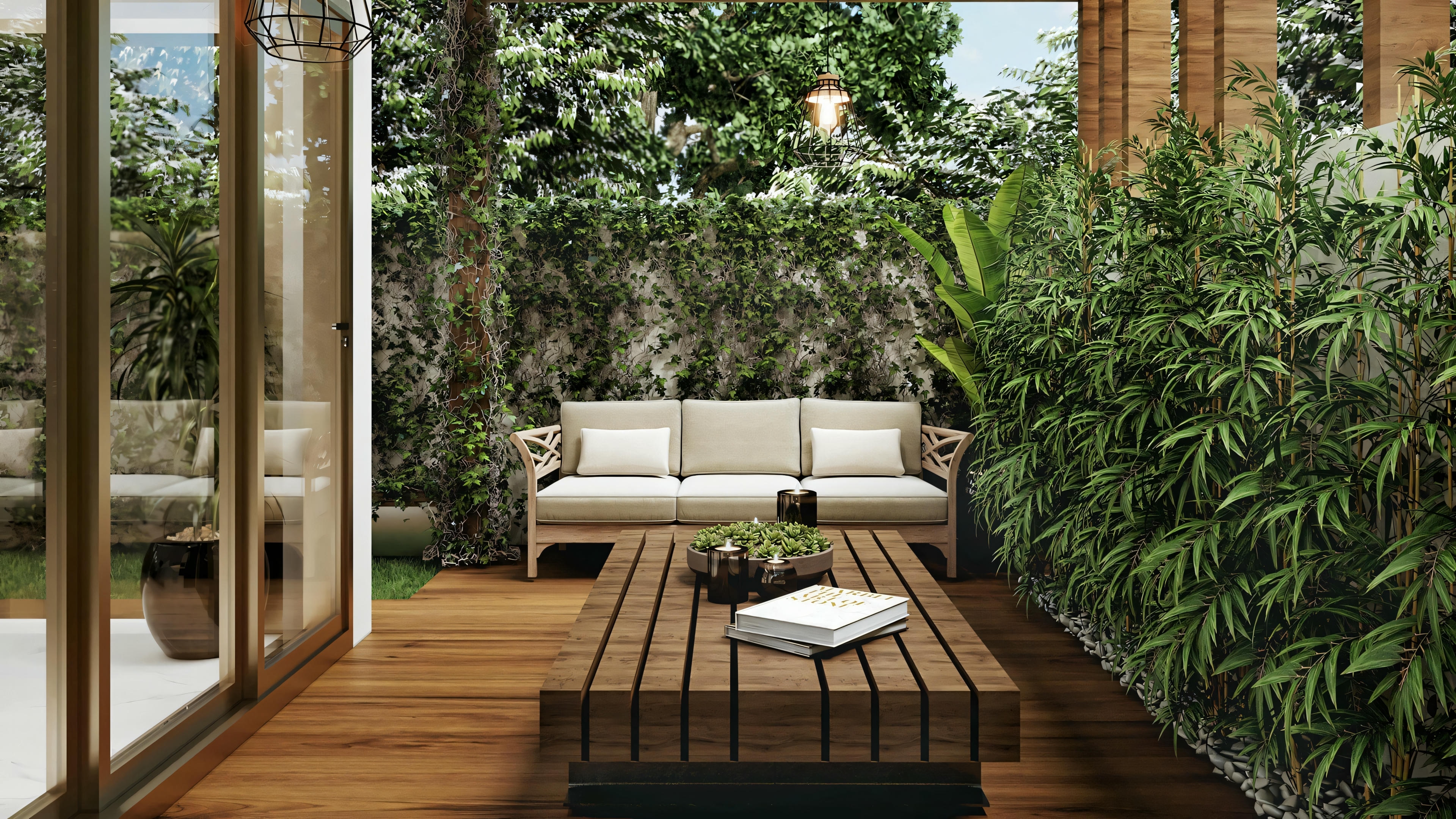 A cozy outdoor living area with a wooden floor, a sofa with cushions, and a coffee table with a book on it.