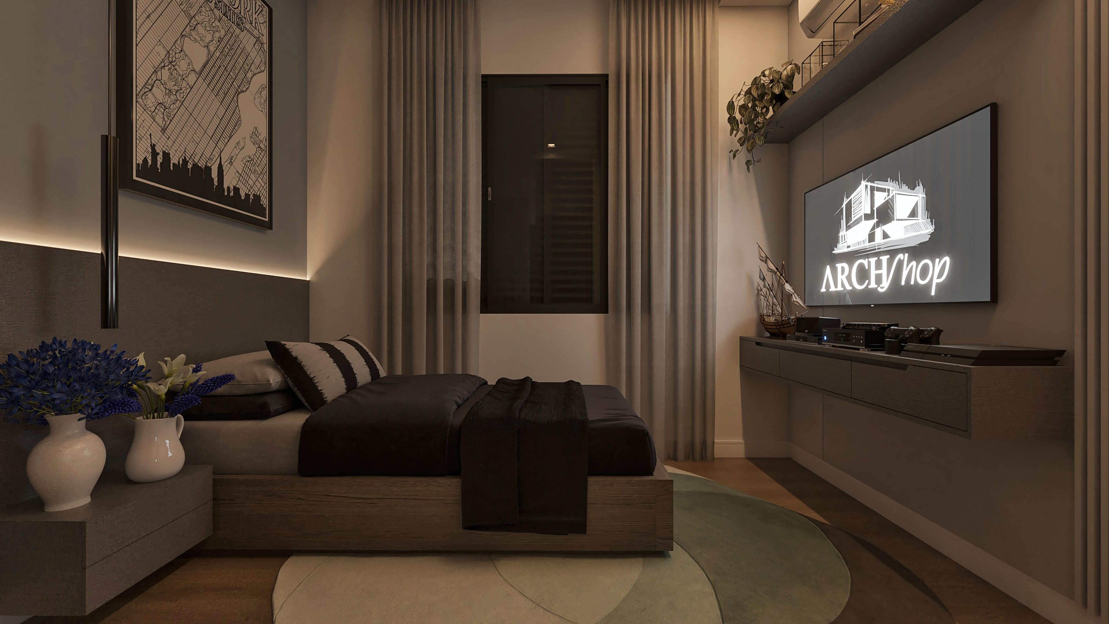 Interior moderno de habitación con cama matrimonial, ropa de cama oscura, mesas de noche con jarrones y espejo, y panel de TV con consola, detalhes en iluminación indirecta y um mapa de la ciudad como decoración.