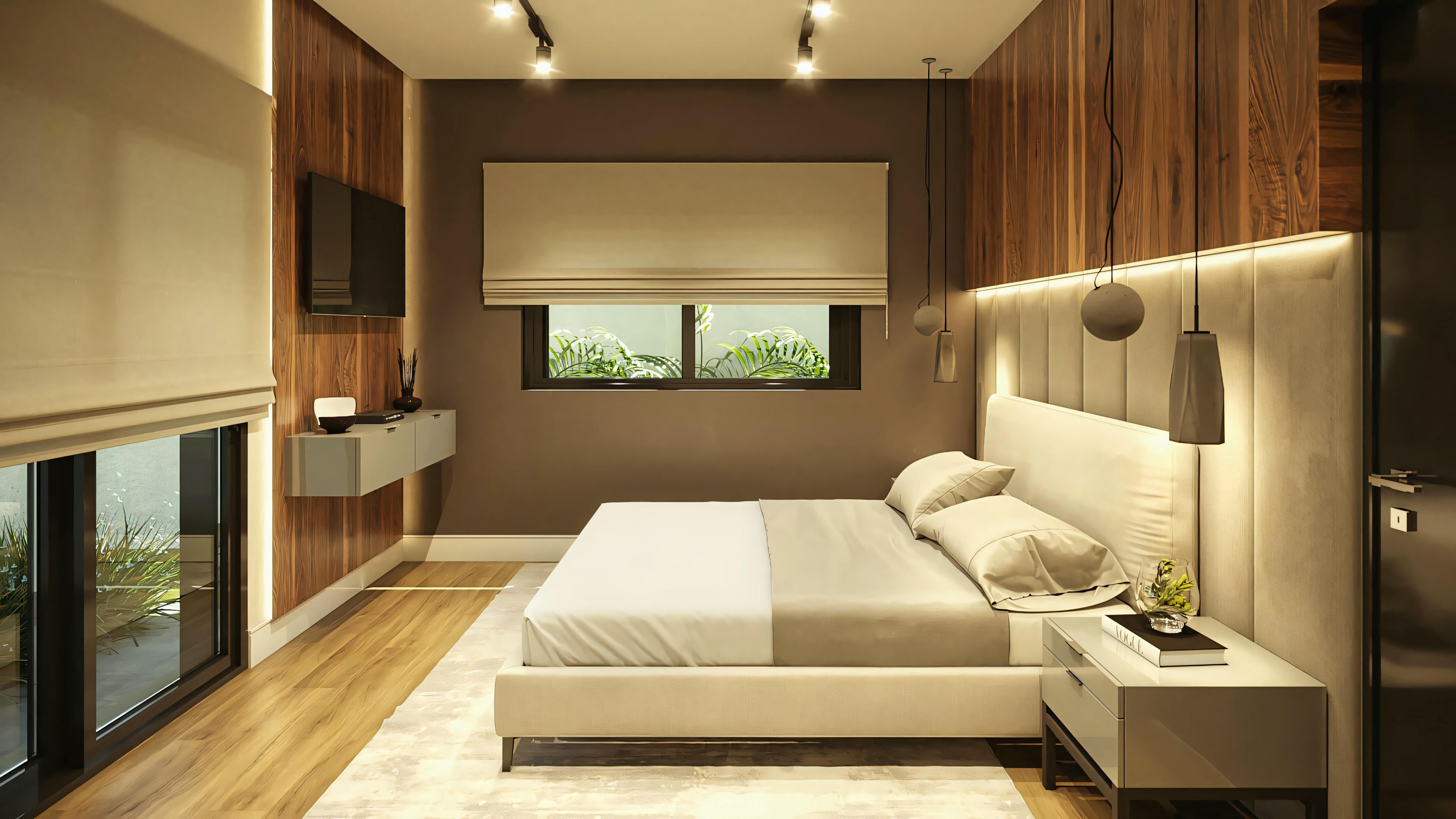 Quarto aconchegante com cama grande, detalhes em madeira e iluminação quente.