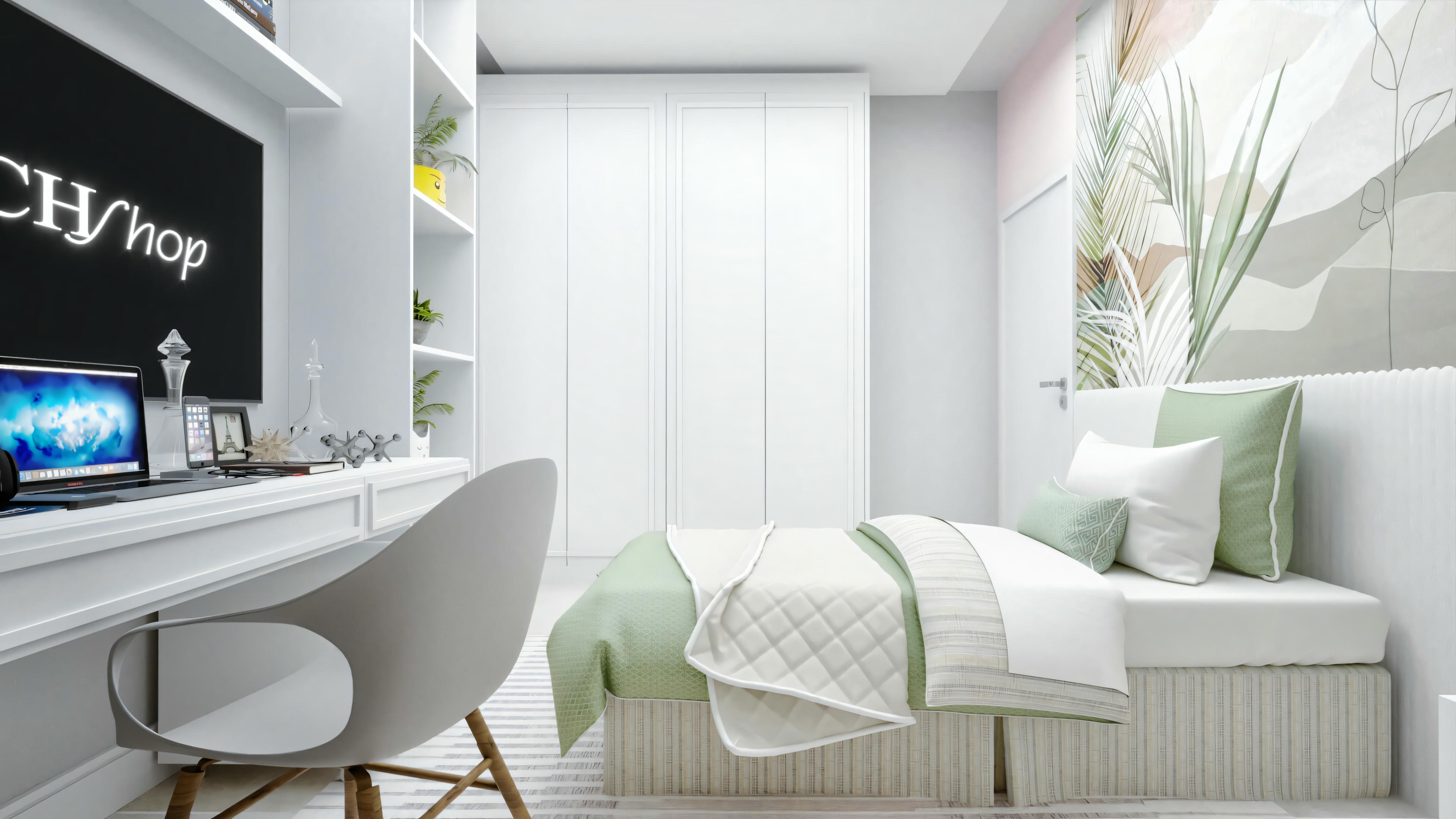 Um quarto com espaço de escritório, incluindo uma mesa com computador, ao lado da cama.