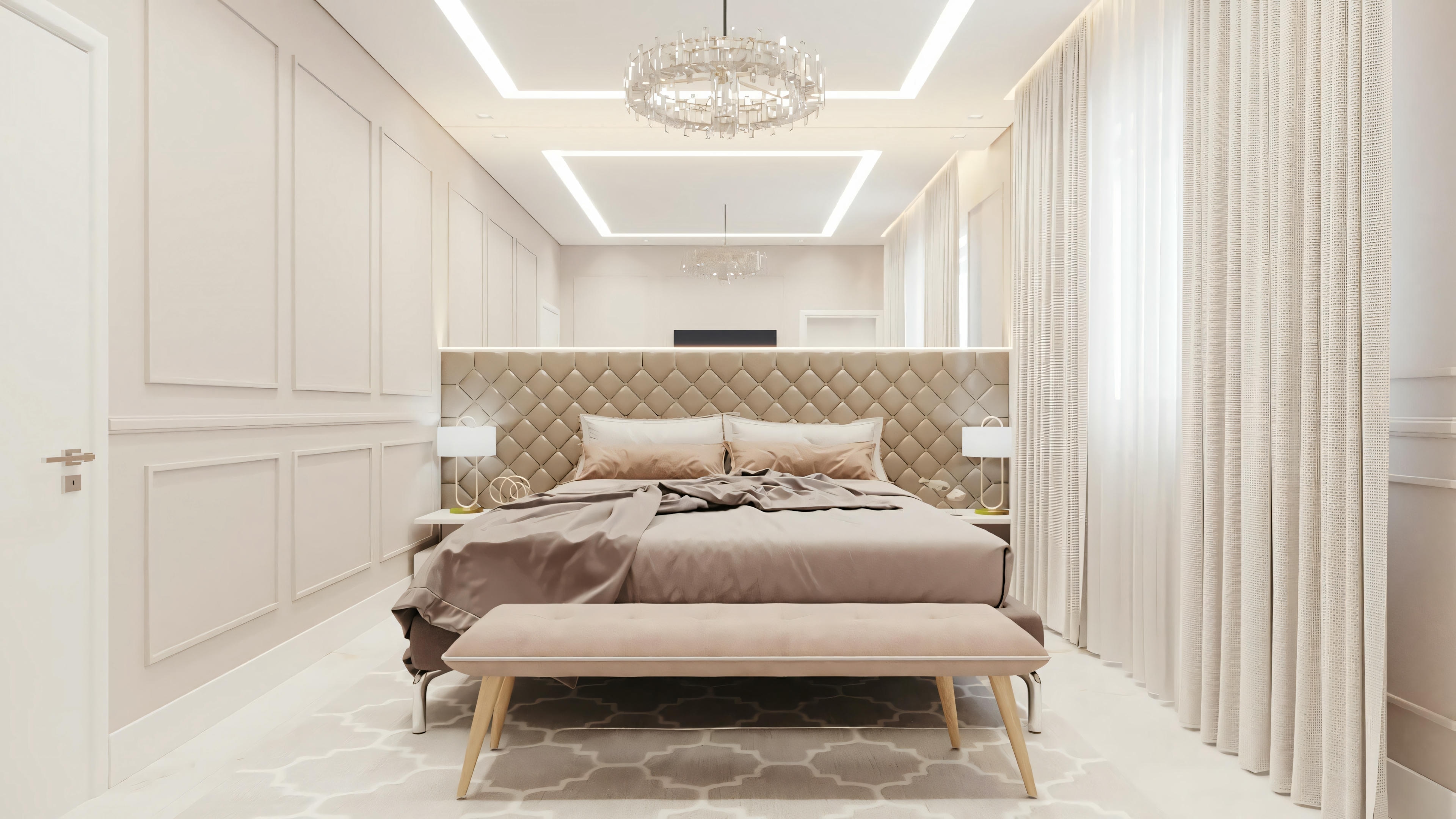Um quarto com uma cama grande e iluminação elegante, decorado com estilo contemporâneo.