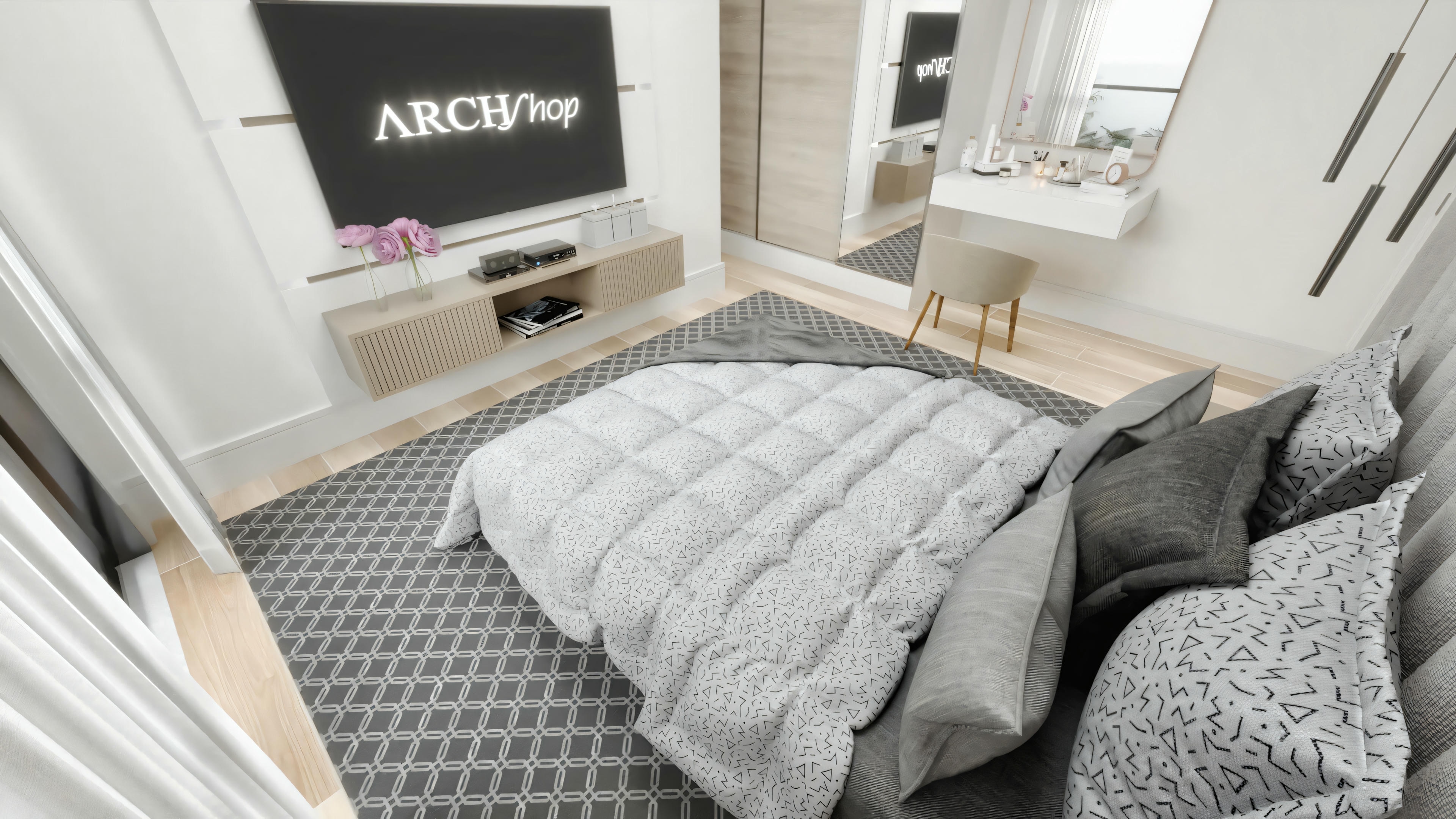 Quarto moderno com cama de roupa de cama cinza, televisão de tela plana montada na parede e guarda-roupa com portas deslizantes.