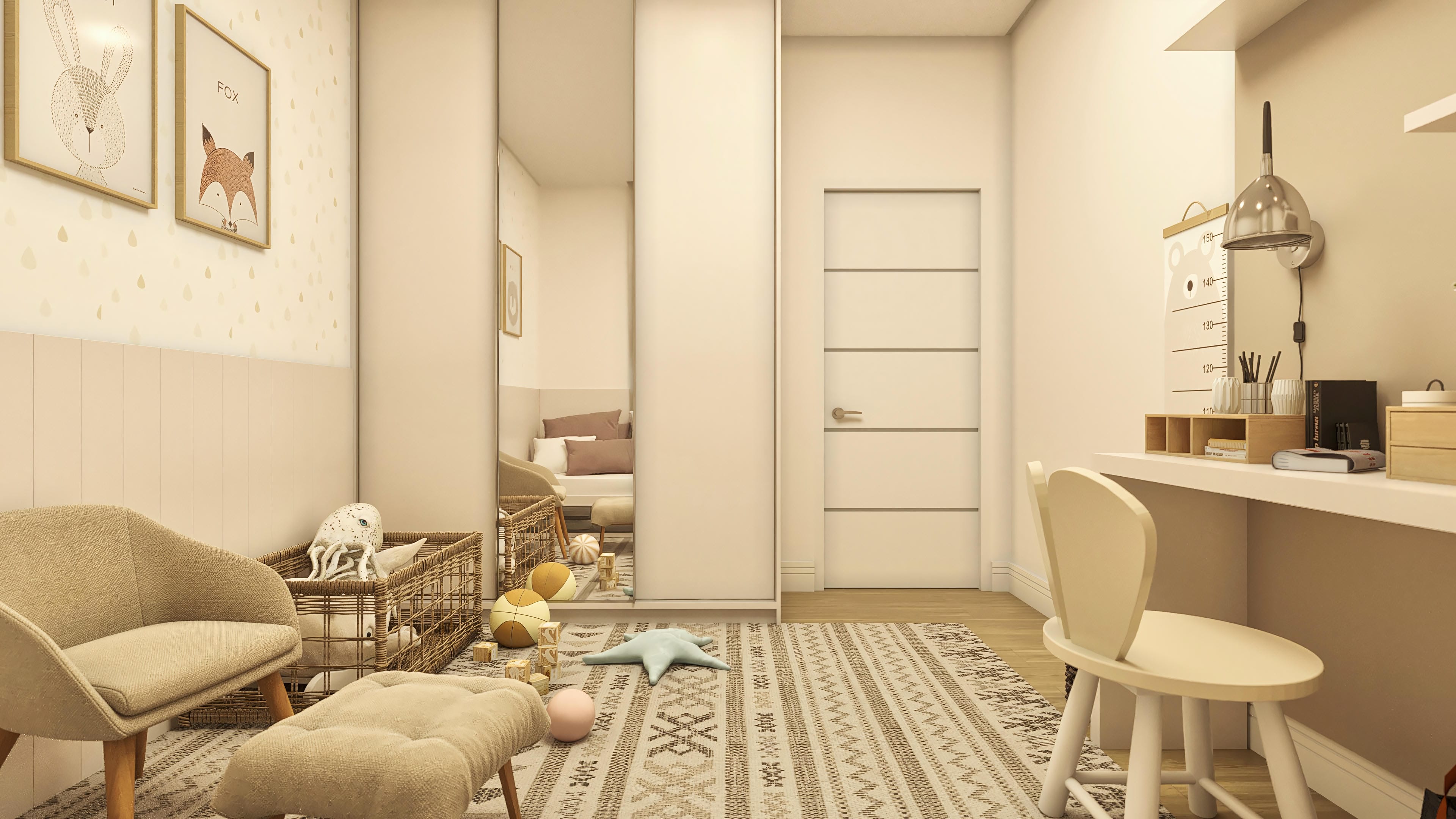 Interior de dormitorio moderno y acogedor, con muebles claros, alfombra estampada y decoración lúdica, ideal para un proyecto de casa de una planta en terreno estrecho.