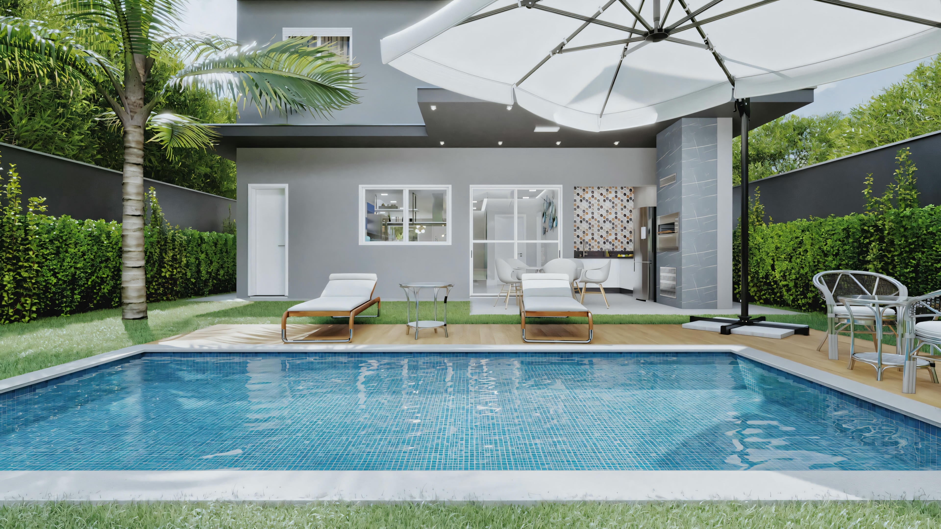 Sala de estar com grandes janelas voltadas para a área da piscina.