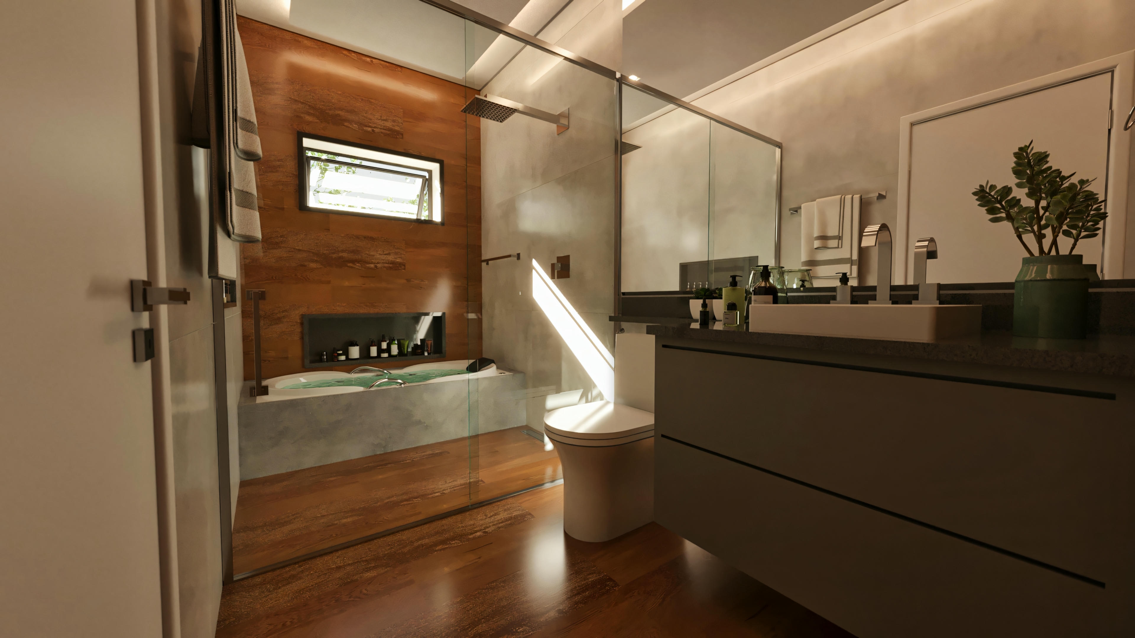 Spacious view of the suite bathroom in a high-standard house with 5 bedrooms, showing a built-in bathtub, glass shower enclosure, floating countertop, and modern wall cladding.