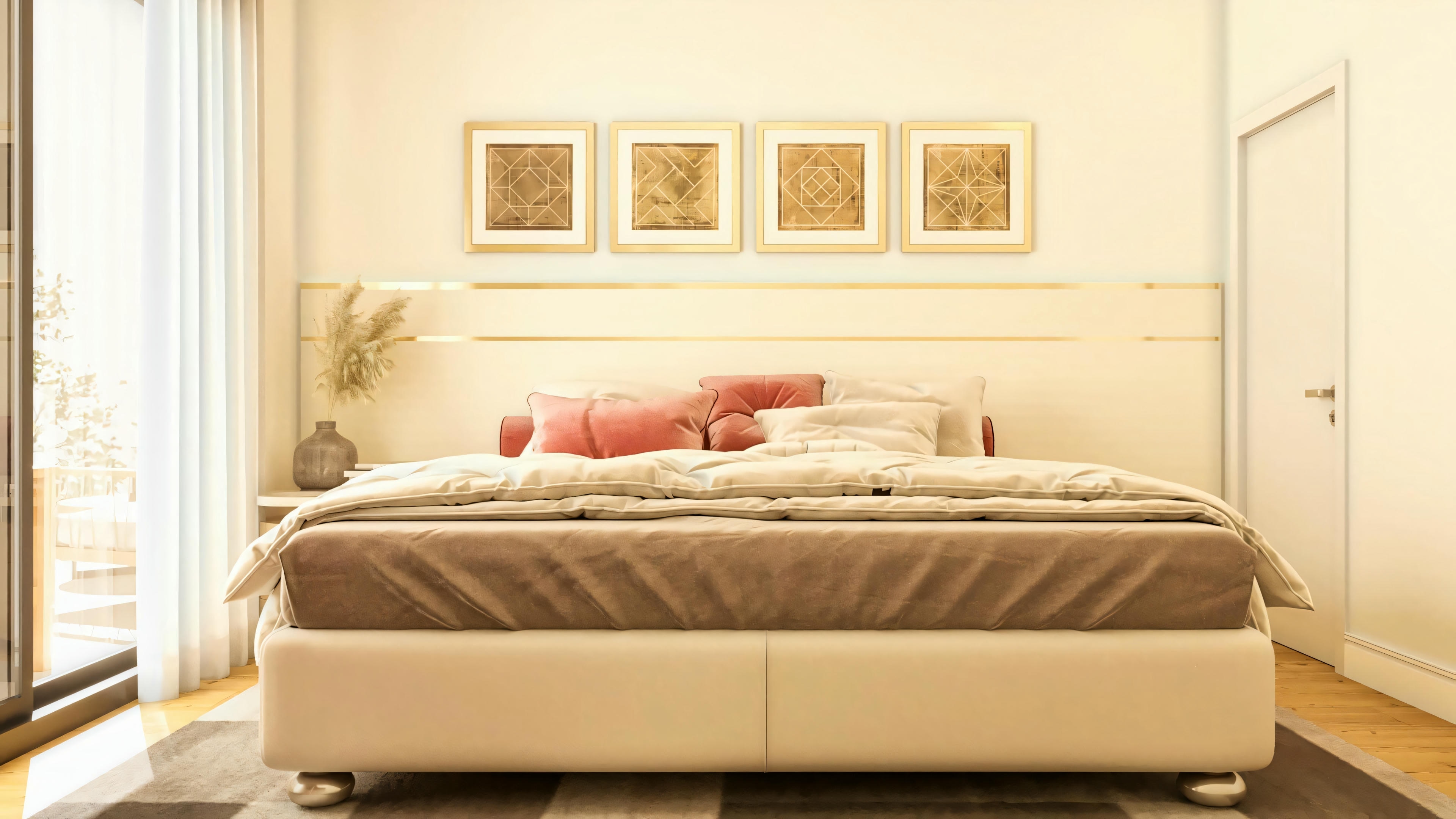 Dormitorio de suite del proyecto arquitectónico de casa de dos pisos de 330m², mostrando cama de matrimonio con base tapizada, panel de cabecera ancho que se extiende en la pared con detalles metálicos horizontales, conjunto de cuatro cuadros geométricos, y amplia ventana con cortina a la izquierda.