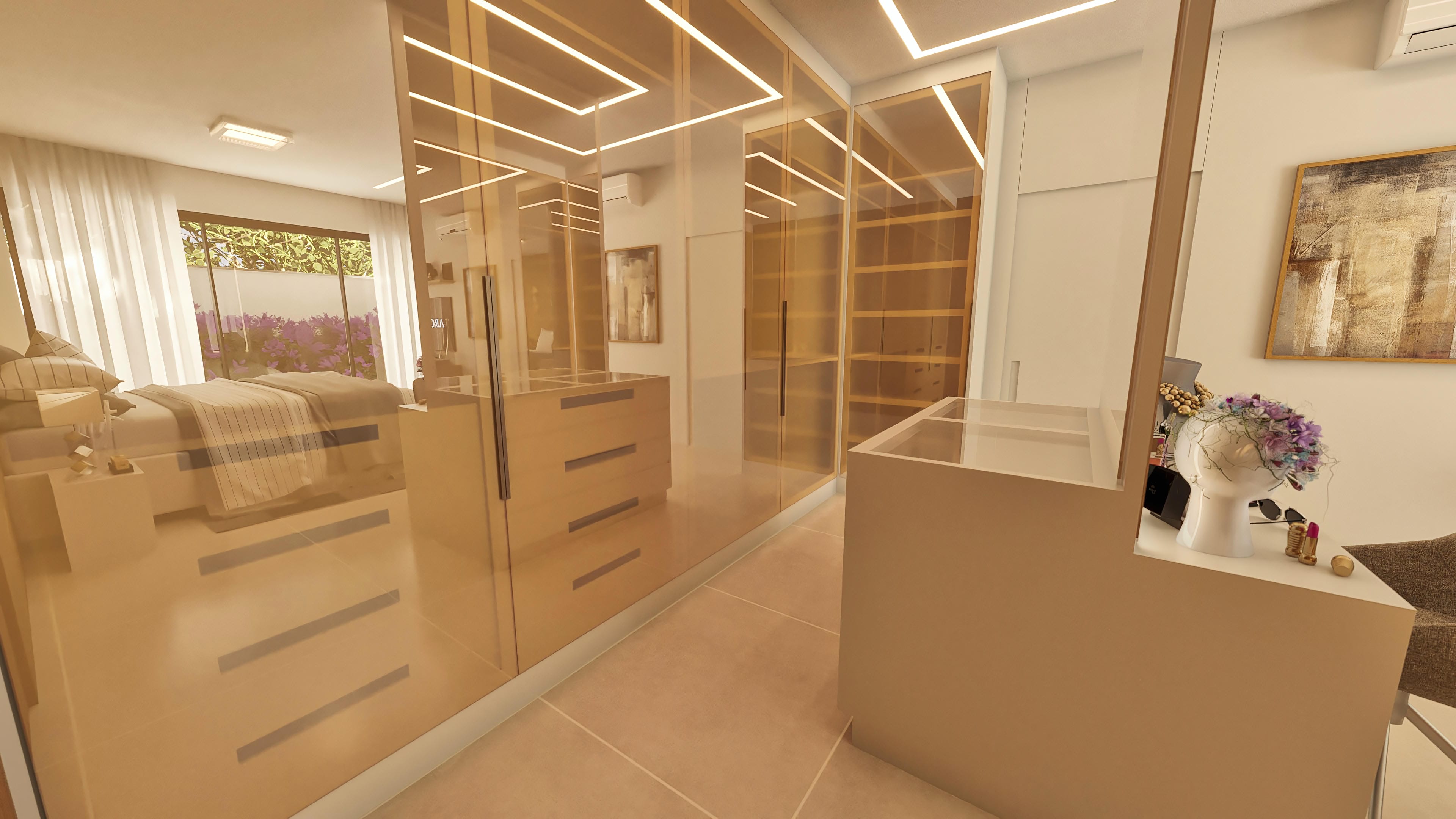 Interior de suite con vestidor amplio e iluminado, puertas espejadas ámbar, carpintería amaderada clara y piso en porcelanato beige.