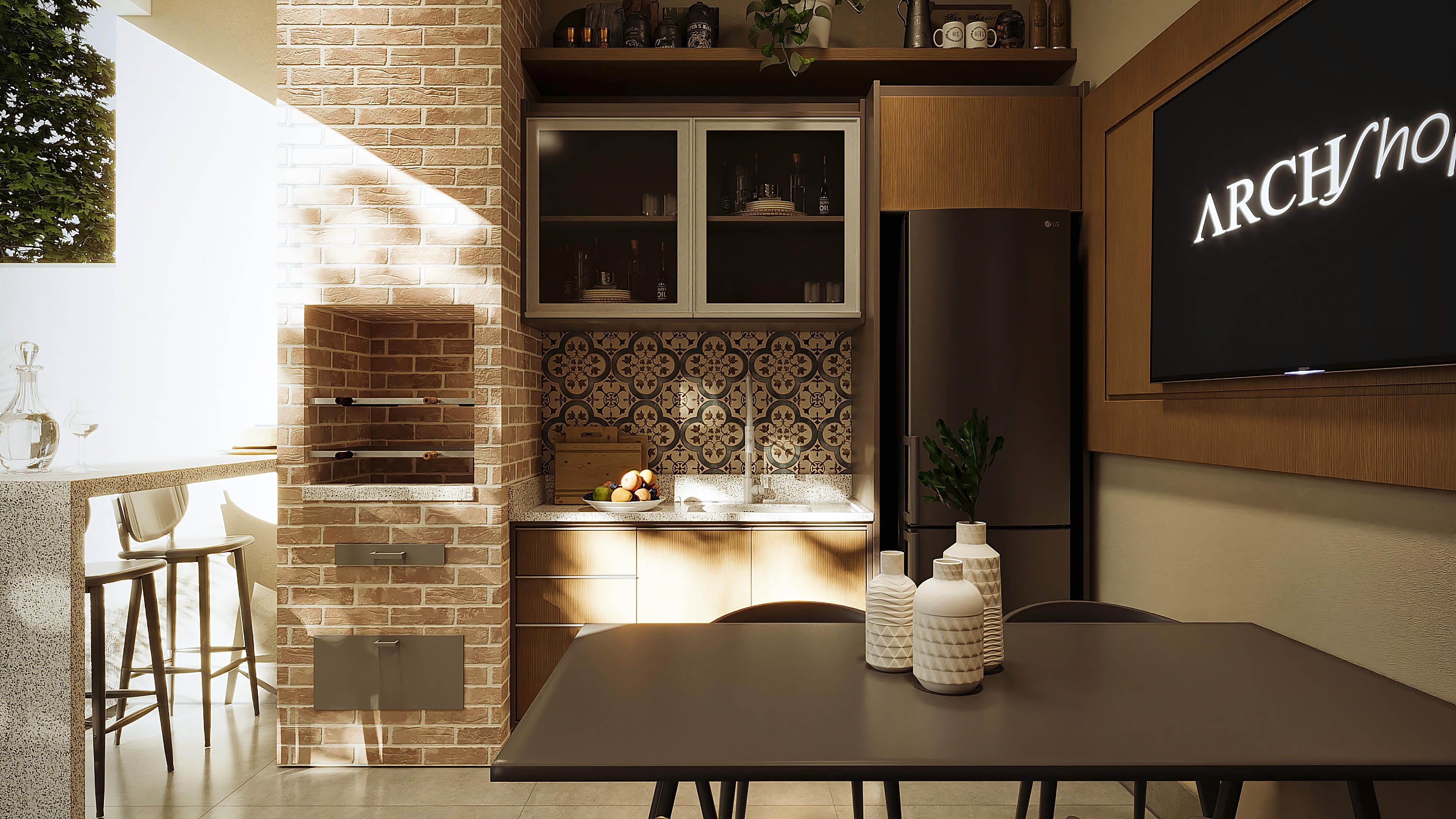 Espaço gourmet moderno com churrasqueira de tijolos aparentes, bancada em granito, armários planejados e mesa de jantar. Detalhes em madeira e azulejos decorativos.
