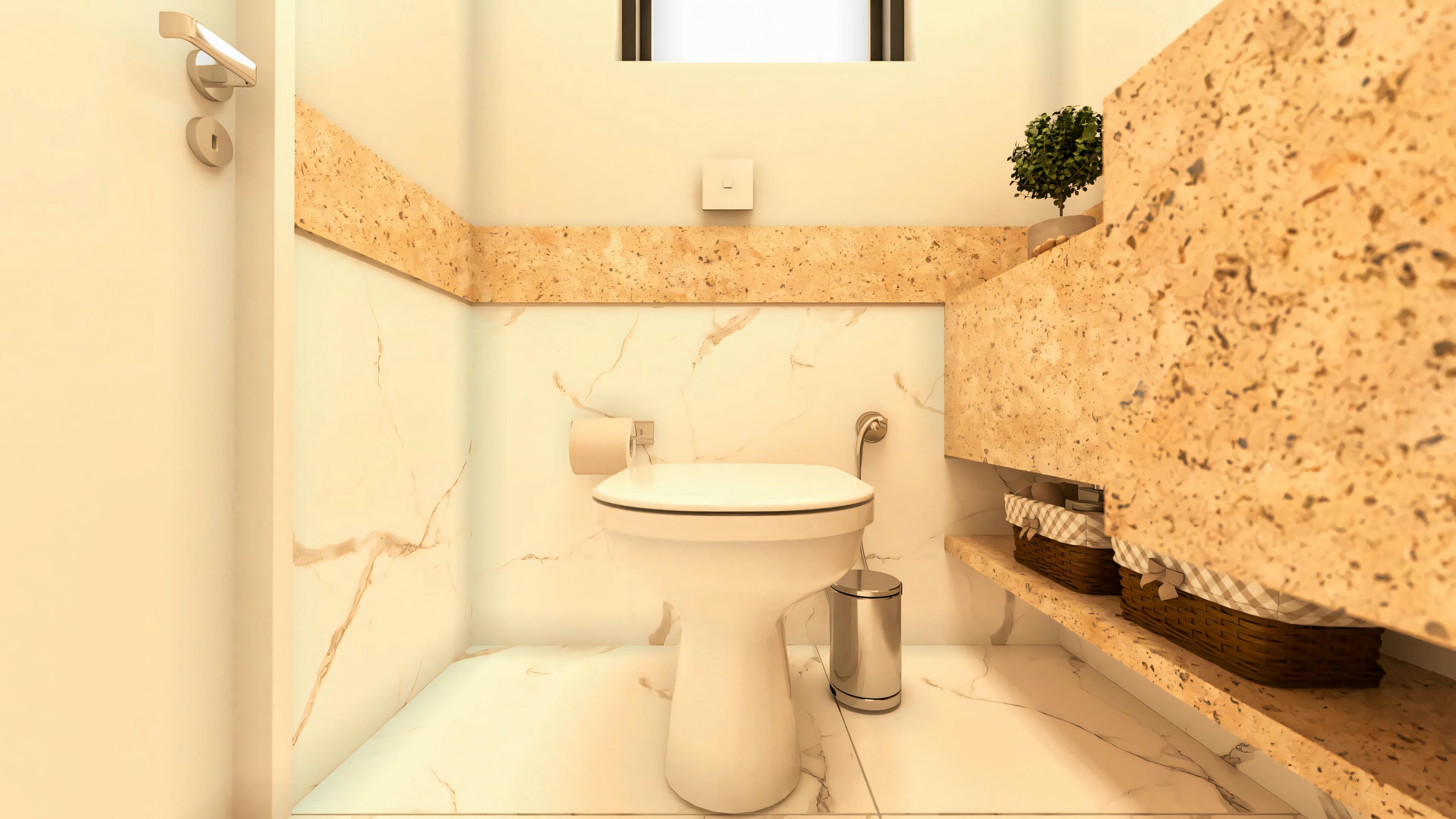 Vista frontal del aseo o baño en proyecto de casa de planta baja con 3 suites. Muestra inodoro, bancada de granito/cuarzo claro con hornacina, revestimiento marmolizado y puerta. Uno de los baños del proyecto de casa de planta baja con 276.43m² y 3 suites.
