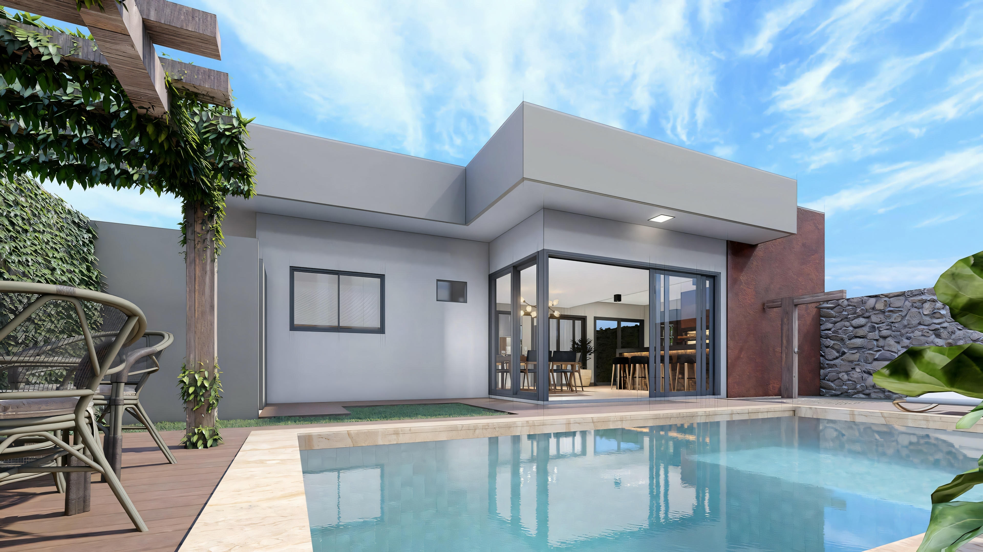 View of the backyard with pool, outdoor furniture, and part of the house visible.